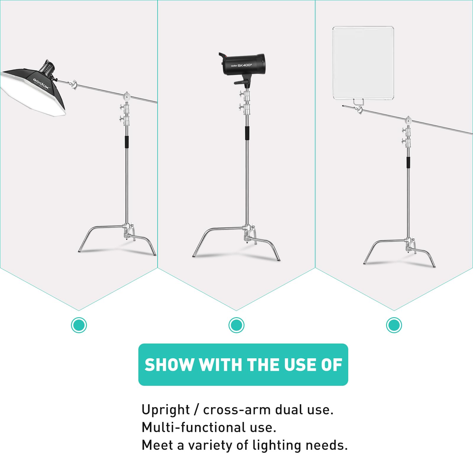 Lapgood 100% Stainless Steel Heavy Duty C Stand With Boom Arm - Max Height 10.8Ft/330Cm Photography Light Stand With 4.2Ft/127Cm Holding Arm, 2 Grip Head For Studio Monolight, Softbox, Reflector