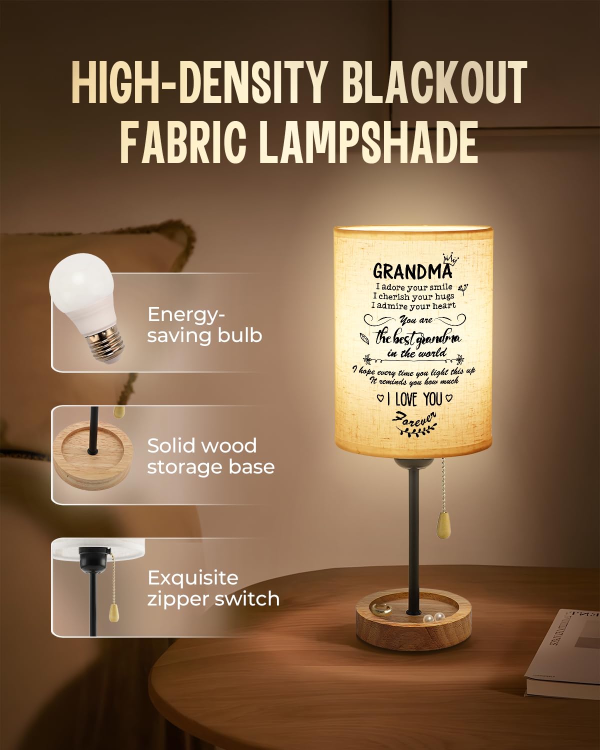 Calibron Grandma From Grandkids Linen Fabric Wooden Table Lamp,Grandma Birthday Bedroom Night,Birthday For Grandma Nightstand Lamp, Great Grandmother