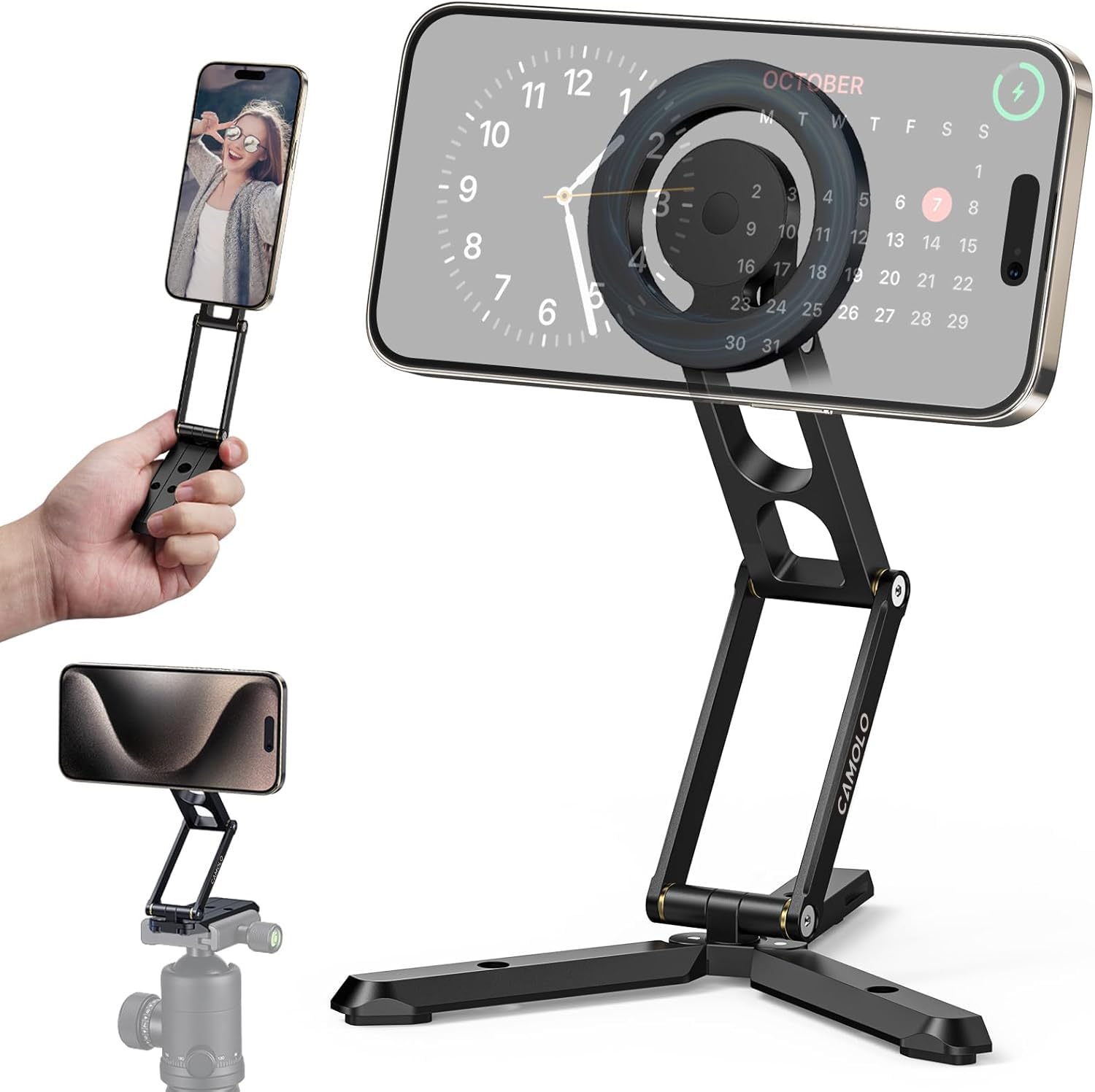 Camolo Geek Magnetic Pocket Phone Tripod Foldable Compatible With Magsafe For Iphone 15/14/13/12 Plus Pro Max Series, Mini Cell Phone Tripod Mount Handle Smartphone Desk Stand Travel All In One