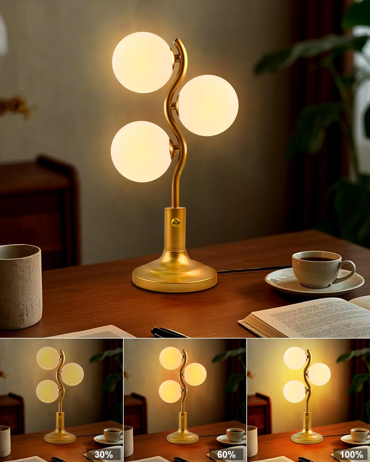 Lightdot Mid Century Globe Table Lamp Dimmable Modern 3 Lights Gold Desk Lamp 3000K Warmwhite Beside Table Lamp For Bedroom Living Room Study Room(G9 Bulbs Included)