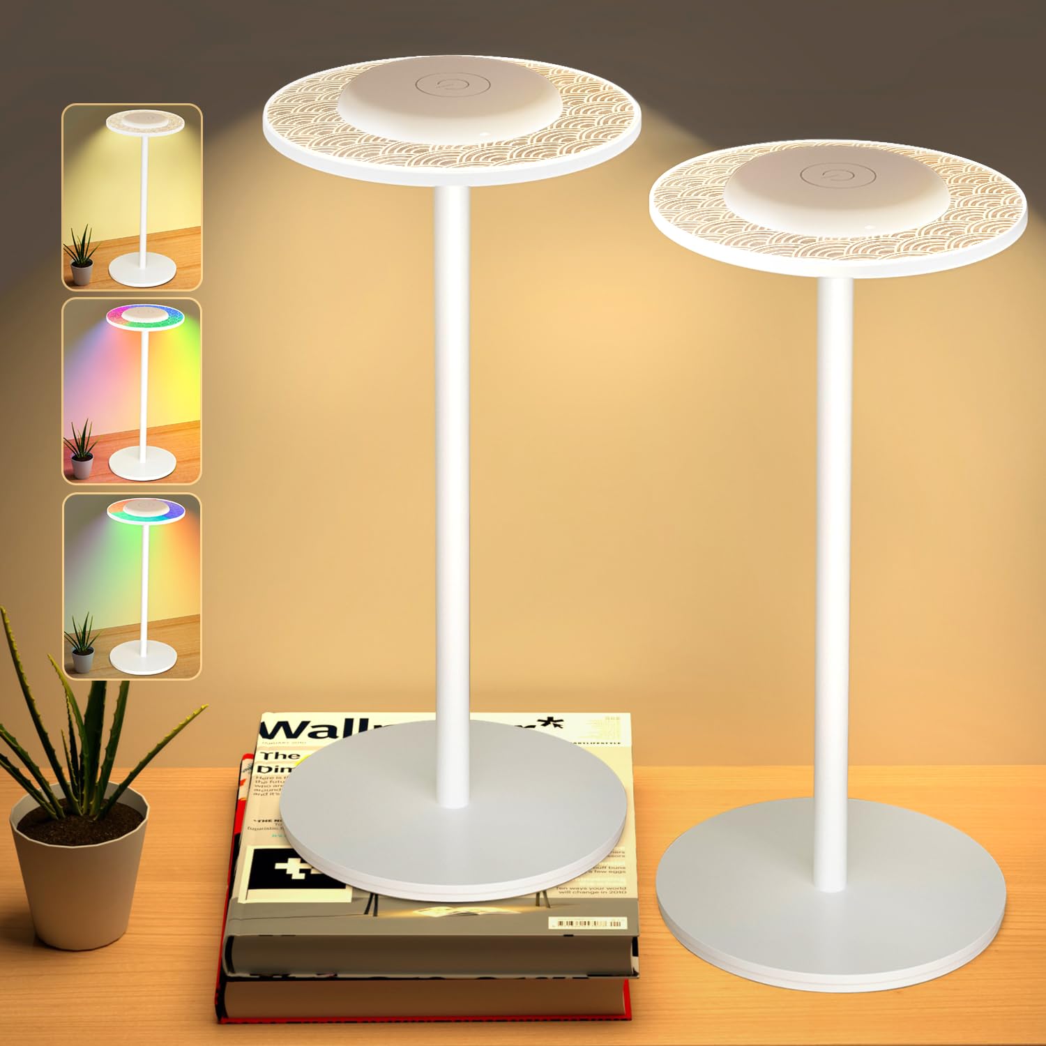 Reinhardt Cordless Table Lamp 2 Pack, Rechargeable Led Nightstand Lamp, Rgb Color Changing Stepless Dimming Adjustable Height Wireless Lamp For Dinner/Restaurant/Bedroom Touch Control Portable Lamp