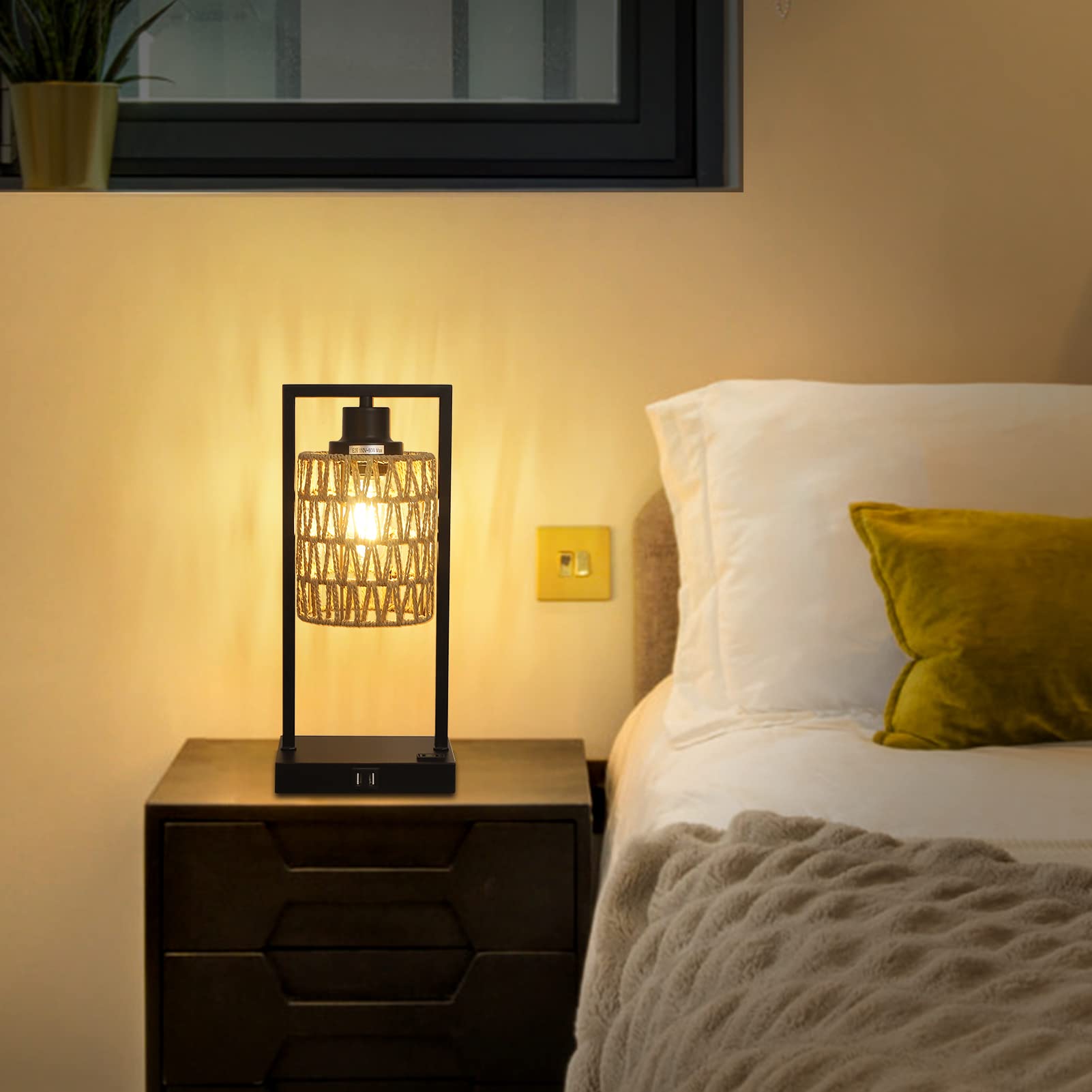 Stepeak Farmhouse Rattan Table Lamps Set Of 2, Boho Touch Control Bedside Nightstand Lamp With 2 Usb Ports&Ac Outlet, Dimmable Desk Lamp For Bedroom Living Dining Room Credenza (Led Bulbs Included)
