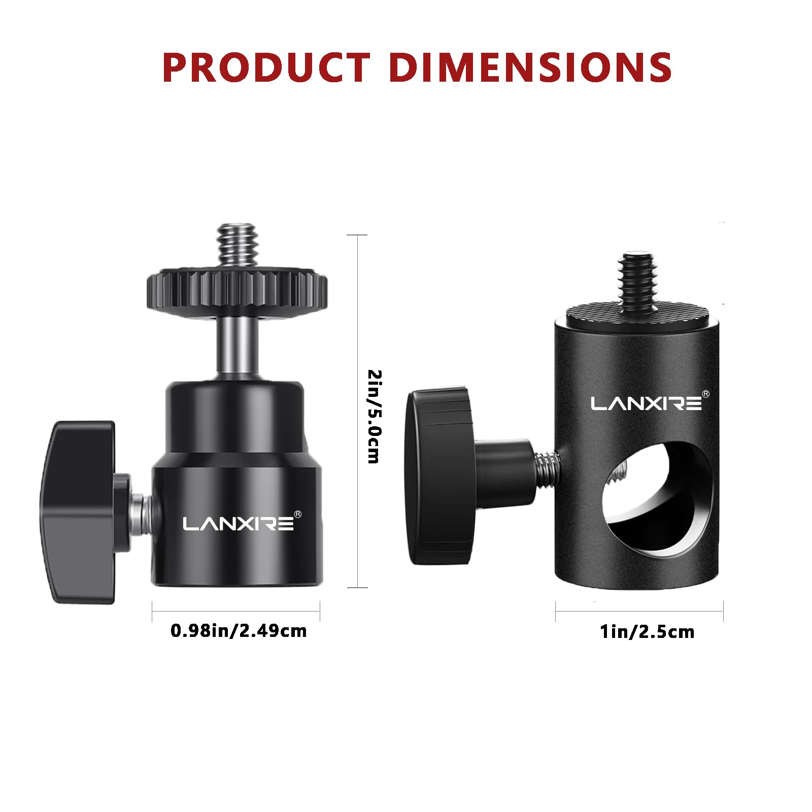 Lanxire Light Stand Mount Adapter With 1/4’’ Screw Mini Ball Head - Compatible With Camera Monitor, Ring Light, Fits Flat Head Light Stand, Boom Arm - Max Load Up To 4.4Lb/2Kg
