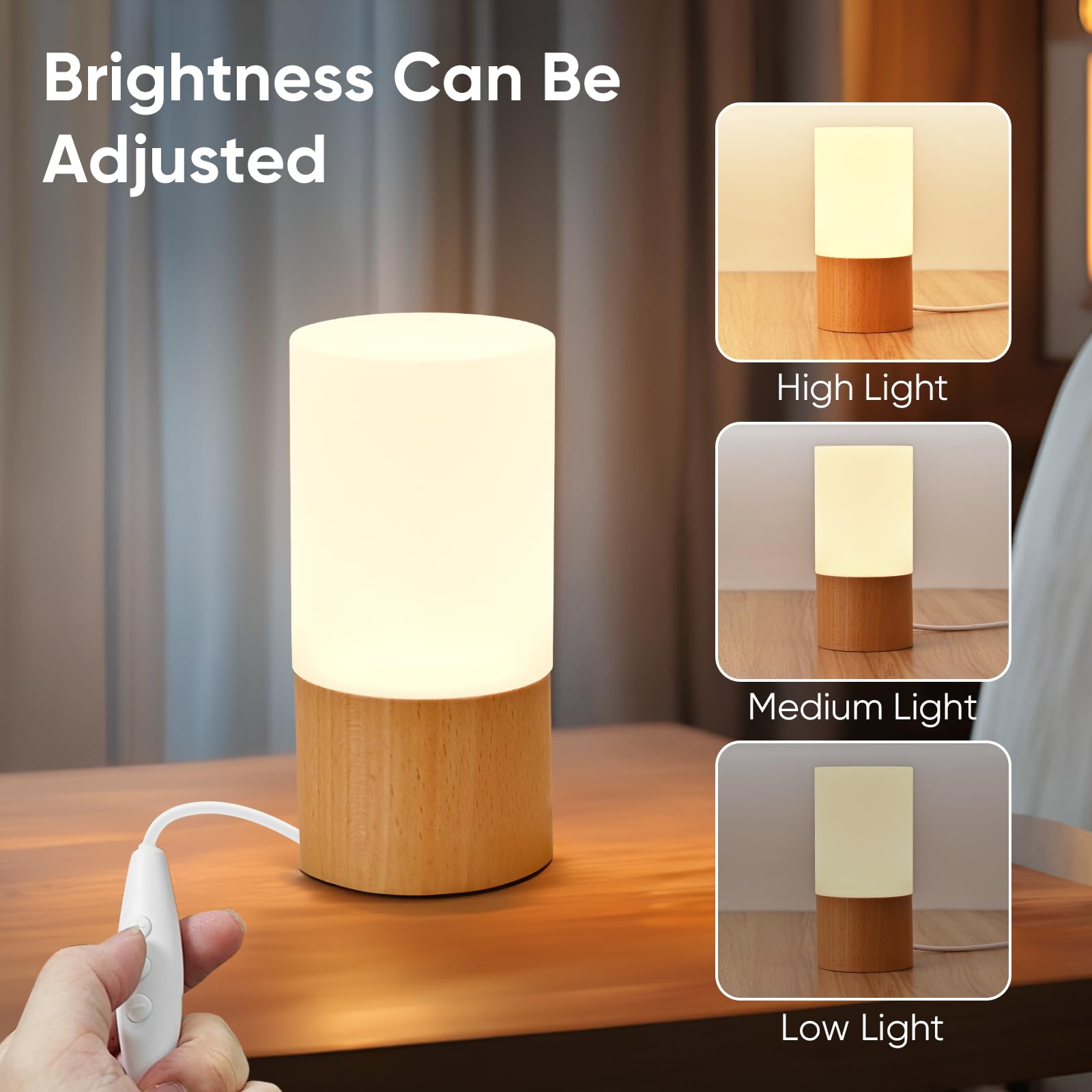 Lonrisway Small Led Wood Table Lamp, Bedroom Bedside Night Light, Dimmable Led Lighting, Creative Home Decor Unique House Natural Beech Warmging