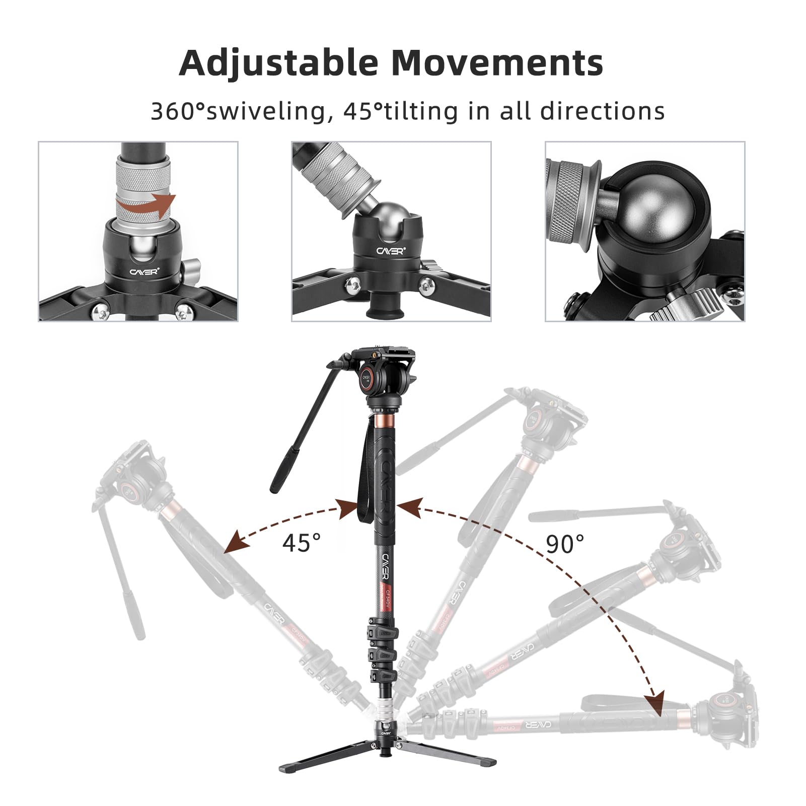 Cayer Cf34 Carbon Fiber Camer Monopod Kit, 72 Inch Professional Telescopic Video Monopods With Video Fluid Head And Folding Support Base For Dslr Video Cameras Camcorders, Plus 1 Extra Sliding Plate