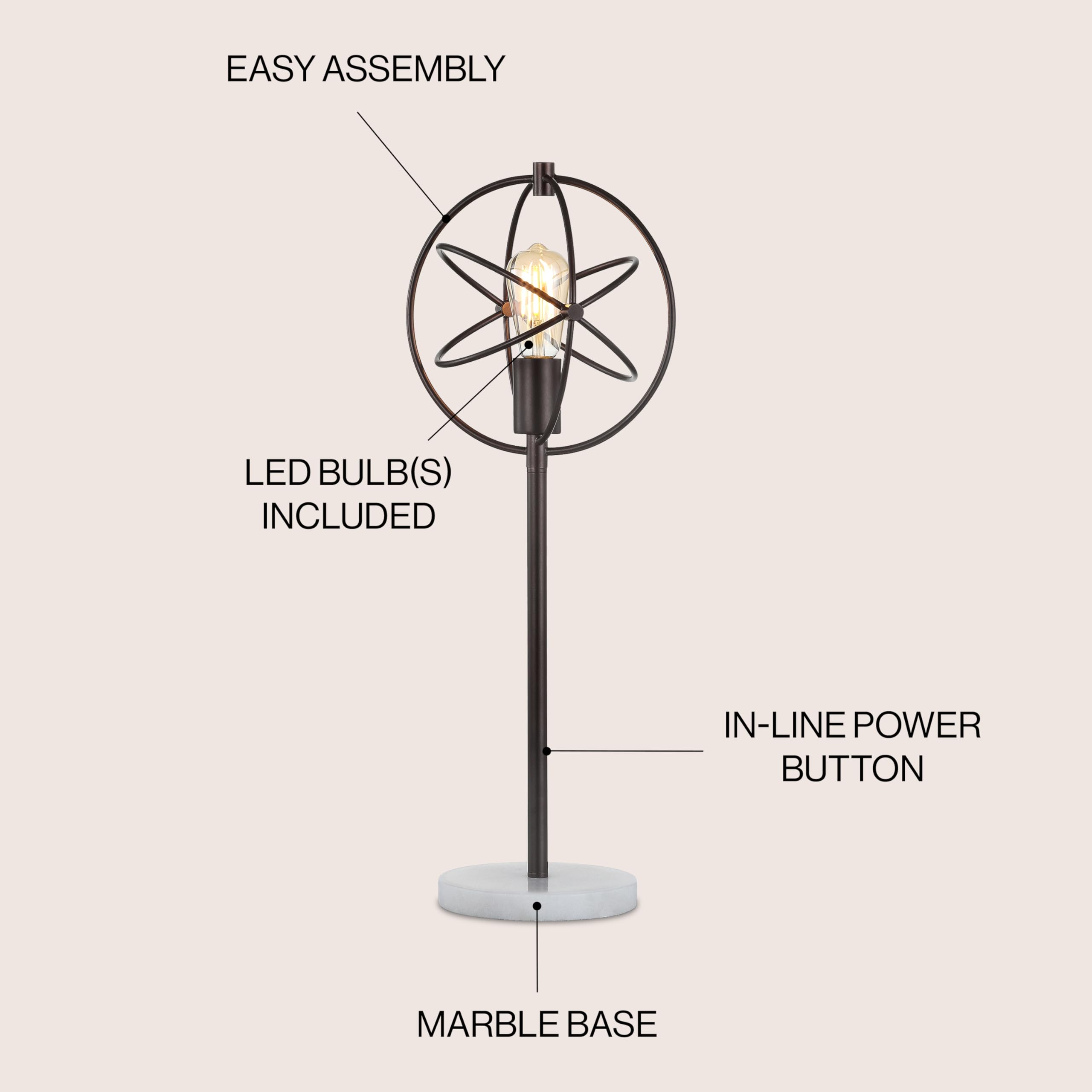 Jonathan Y Jyl1091A Atomic Caged 26.5" Edison Bulb Metal/Marble Modern Led Table Lamp Rustic Industrial Bedside Desk Nightstand Lamp For Bedroom Living Room Office College, Oil Rubbed Bronze/White