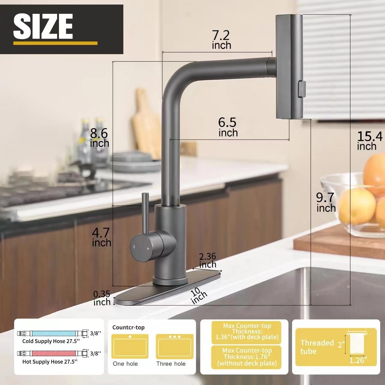 Fransiton Waterfall Kitchen Sink Faucet With Pull Down Sprayer, 3 Modes(Sweep/Stream/Waterfall) Rotary Switch Stainless Steel Commercial Modern Faucet For Kitchen Sink Single Handle Black Sink Fuacet