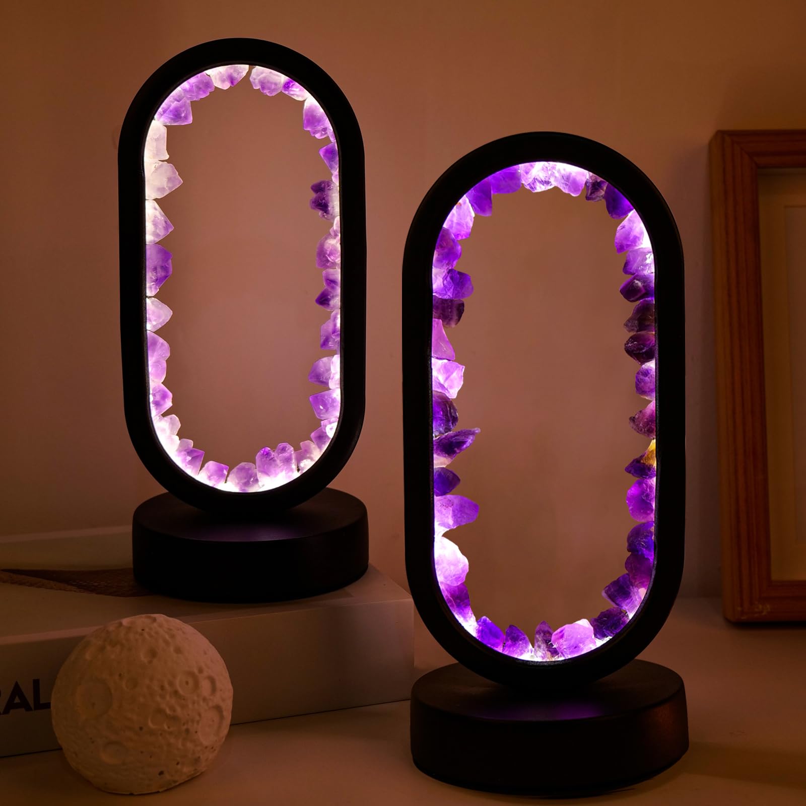 Runyangshi Crystal Lamp Amethyst Raw Stone Ellipse Night Lamp Natural Healing Crystal Night Light Table Lamp Base Usb Port 3 Colours Mode For Bedroom Bedside Lamp Office Home Decor