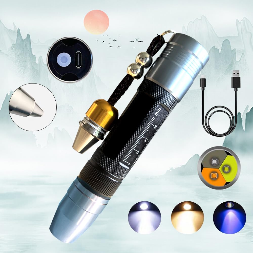 Yzyoe Led Rechargeable Three Light Source Jade And Jewelry Appraisal Flashlight, 365Nm Ultraviolet Gemstone Jade Beeswax Detector, White, Yellow, And 365 Purple Light Multifunctional Flashlight.