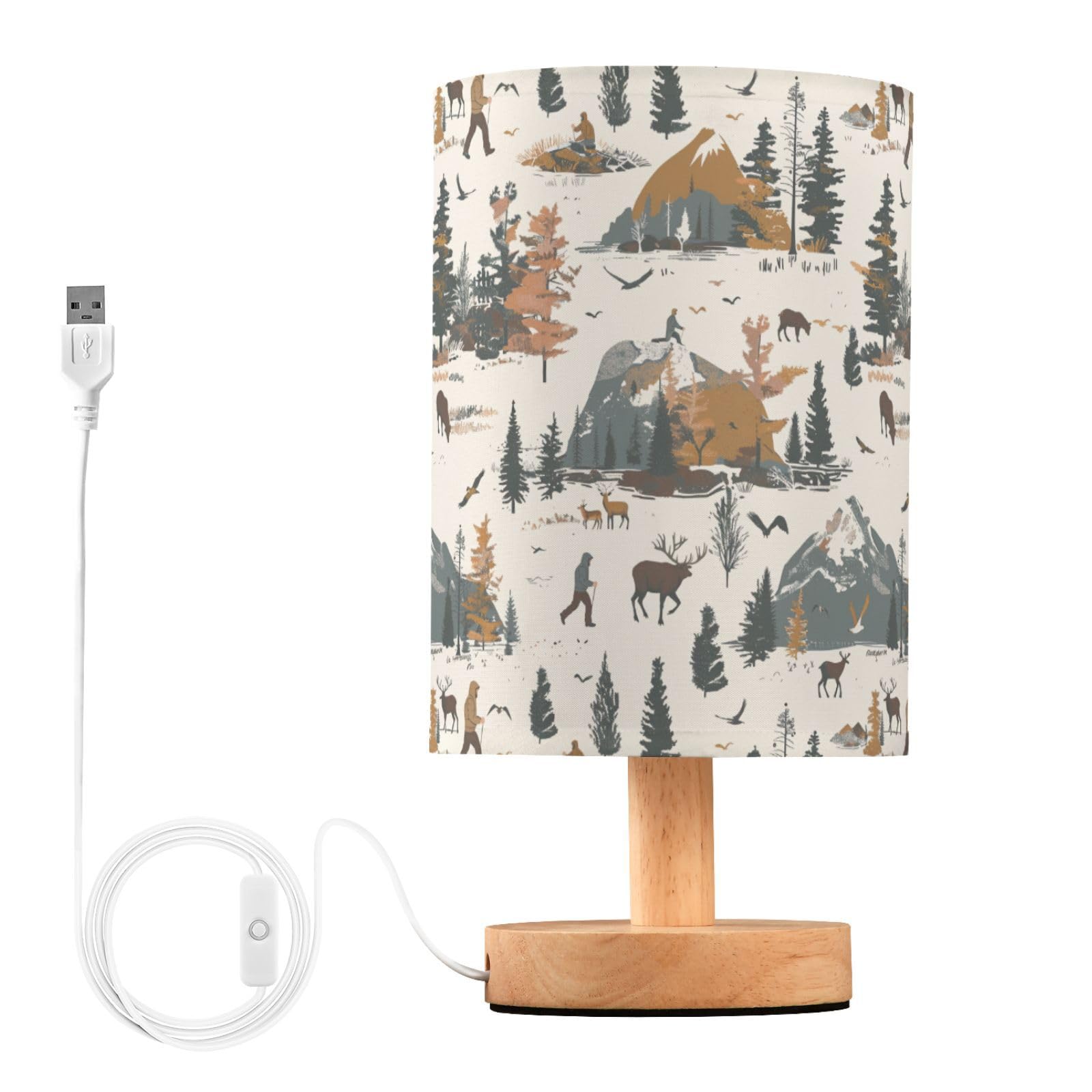 Fustylead Bear Elk Mountain Outdoor Themed Table Lamp For Bedroom Usb Port Lamps Small Accent Table Lamp Nightstand Lamp Study Linen Shade With Wooden Base, Decorative Lamps For Bedside Reading|Kids|Dorm|Home