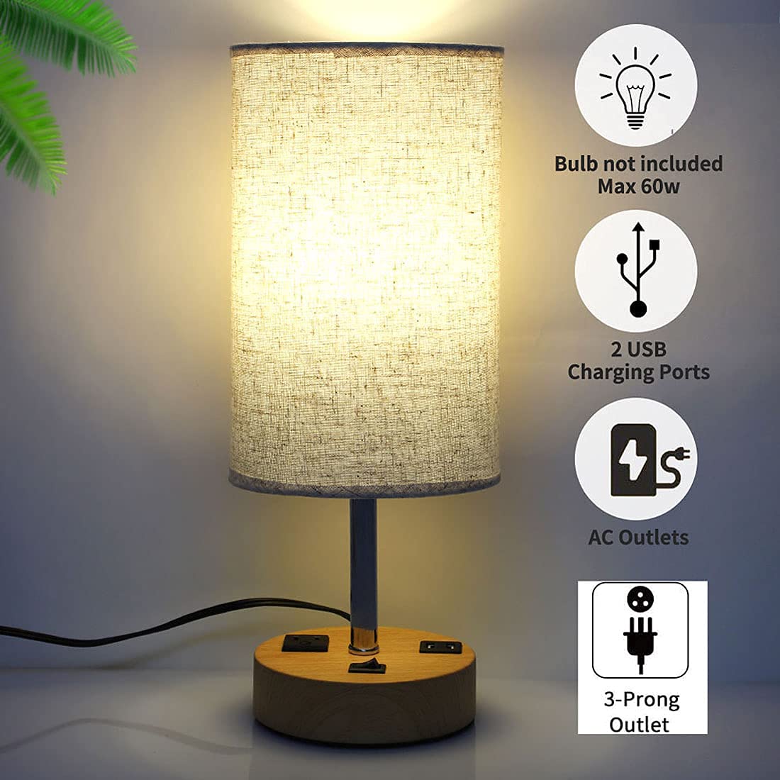 Jorunhe Usb Table Lamp Set Of 2, Nightstand Lamp With Dual Usb Charging Port And Prong Ac Outlet, Modern Desk Lamp With Linen Shade For Bedroom, Living Room, Study