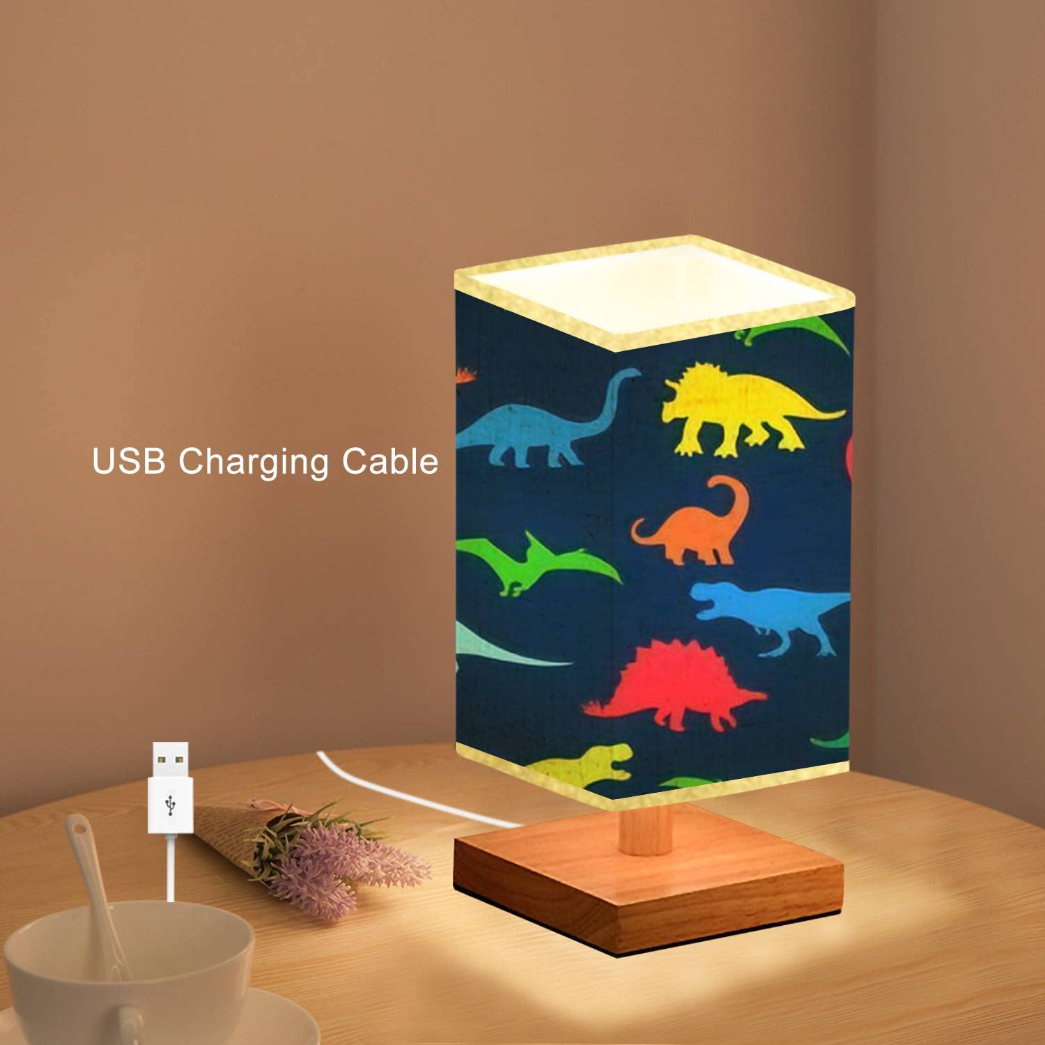 Svjklajfpi Square Bedside Table Lamp Seamless Repeat With Colorful Neon Dinosaur Silhouettes On A Navy Blue Wooden Base Flaxen Fabric Shade Dimmable Nightstand Desk For Bedroom Living Room5.5X10Inch
