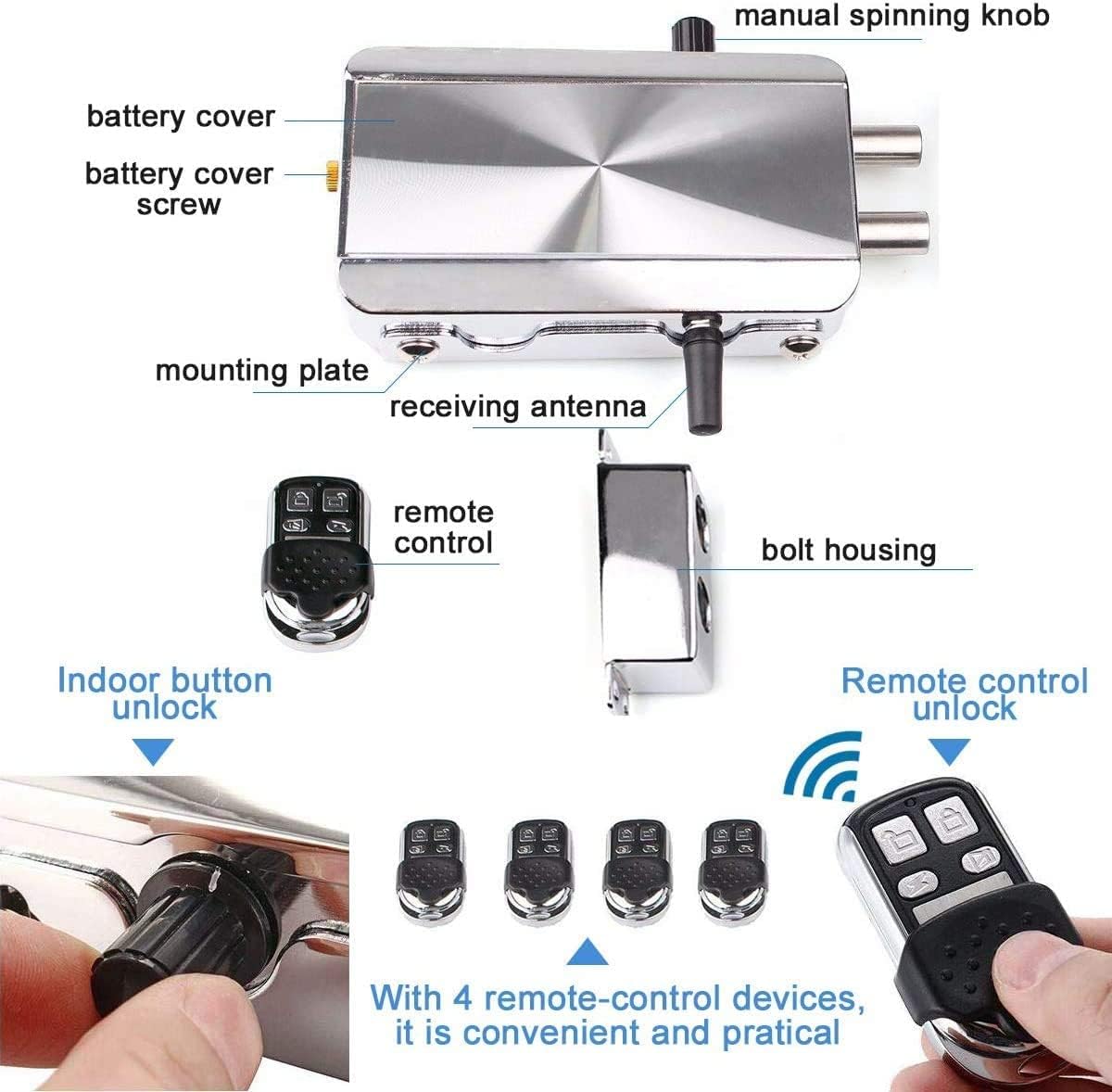 Ritammi Remote Control Electronic Intelligent Door Lock, Smart Wireless Anti-Theft Home Security Keyless Deadbolt Access Control System With 4 Remote Control