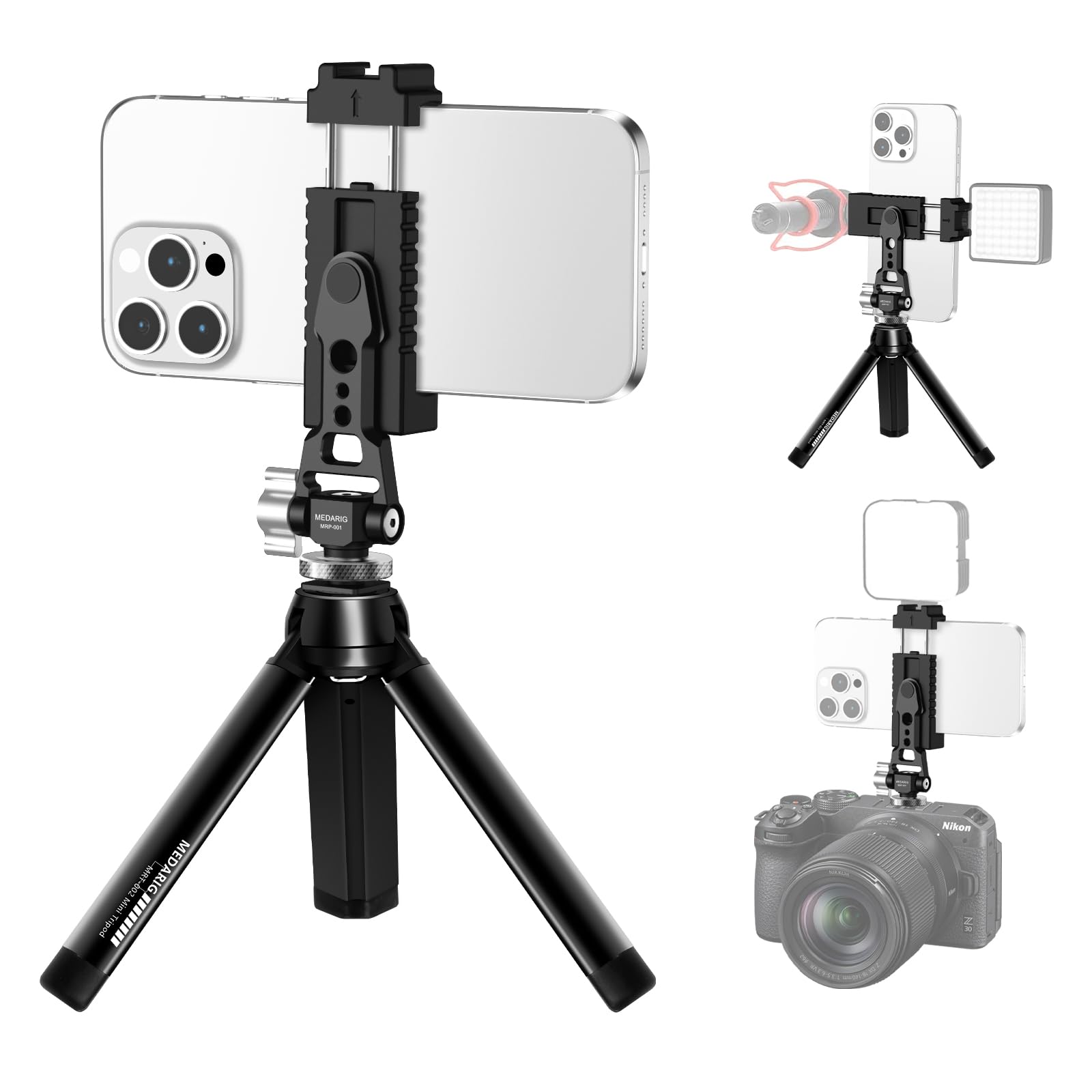 Camedaflx Aluminum Tripod Stand Mount Universal Smartphone Adapter With Cold Shoe Mount,360°Adjustable Cellphone Clamp Tripod Stand Holder,Compatible For Iphone,Samsung Galaxy And Cameras.