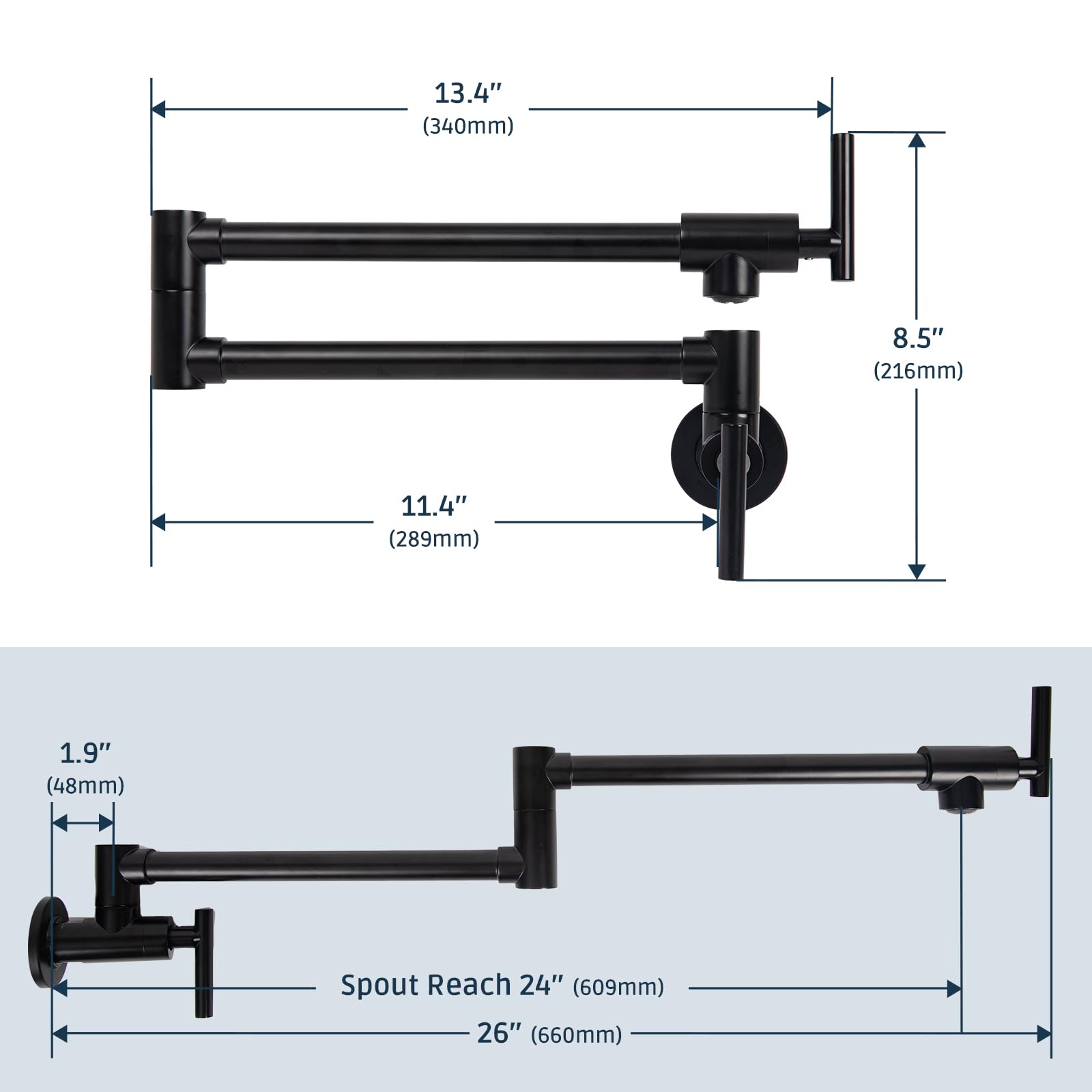 Allkorma 24" Brass Pot Filler Faucet, Wall Mount Over Stove Kitchen Folding Faucet, Pot Fillers For Stove, 2 Handles With Double Joint Swing Arms, Matte Black