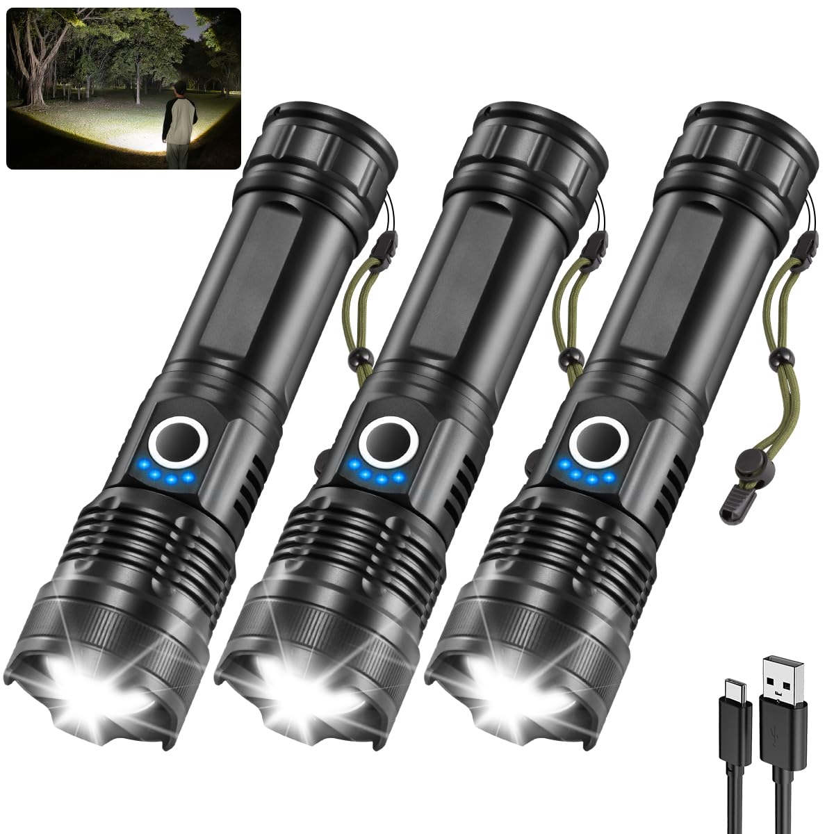Staaricc 3Pack Rechargeable Flashlights High Lumens, 5Modes Led Flashlight Rechargeable, Super Bright Flashlight High Powered, Adjustable Utility Flashlight, Powerful Flash Light For Home Emergencies