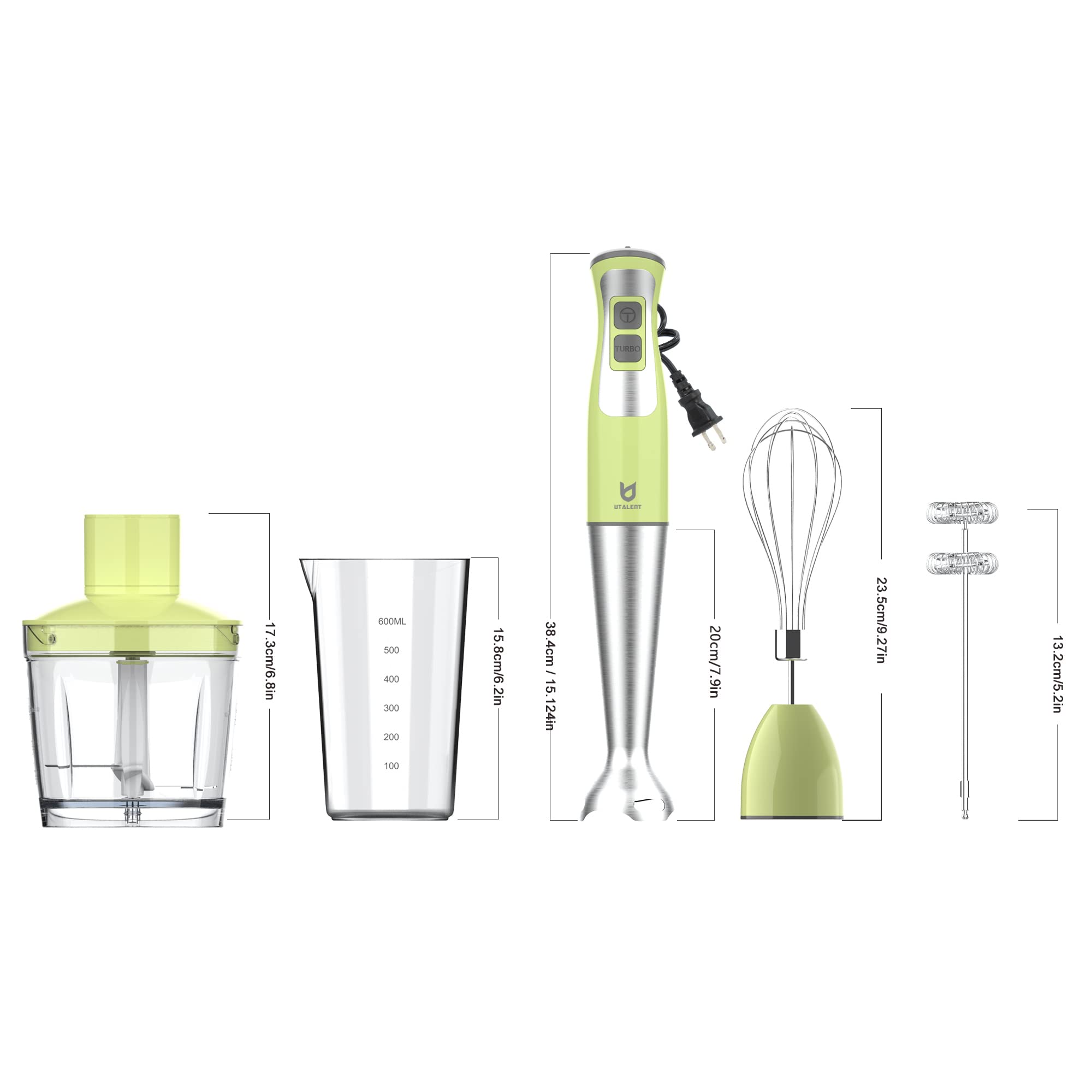 Utalent Immersion Hand Blender, 5-In-1 8-Speed Stick Blender With 500Ml Food Grinder, Bpa-, 600Ml Container,Milk Frother,Egg Whisk,Puree Infant Food, Smoothies, Sauces And Soups Green