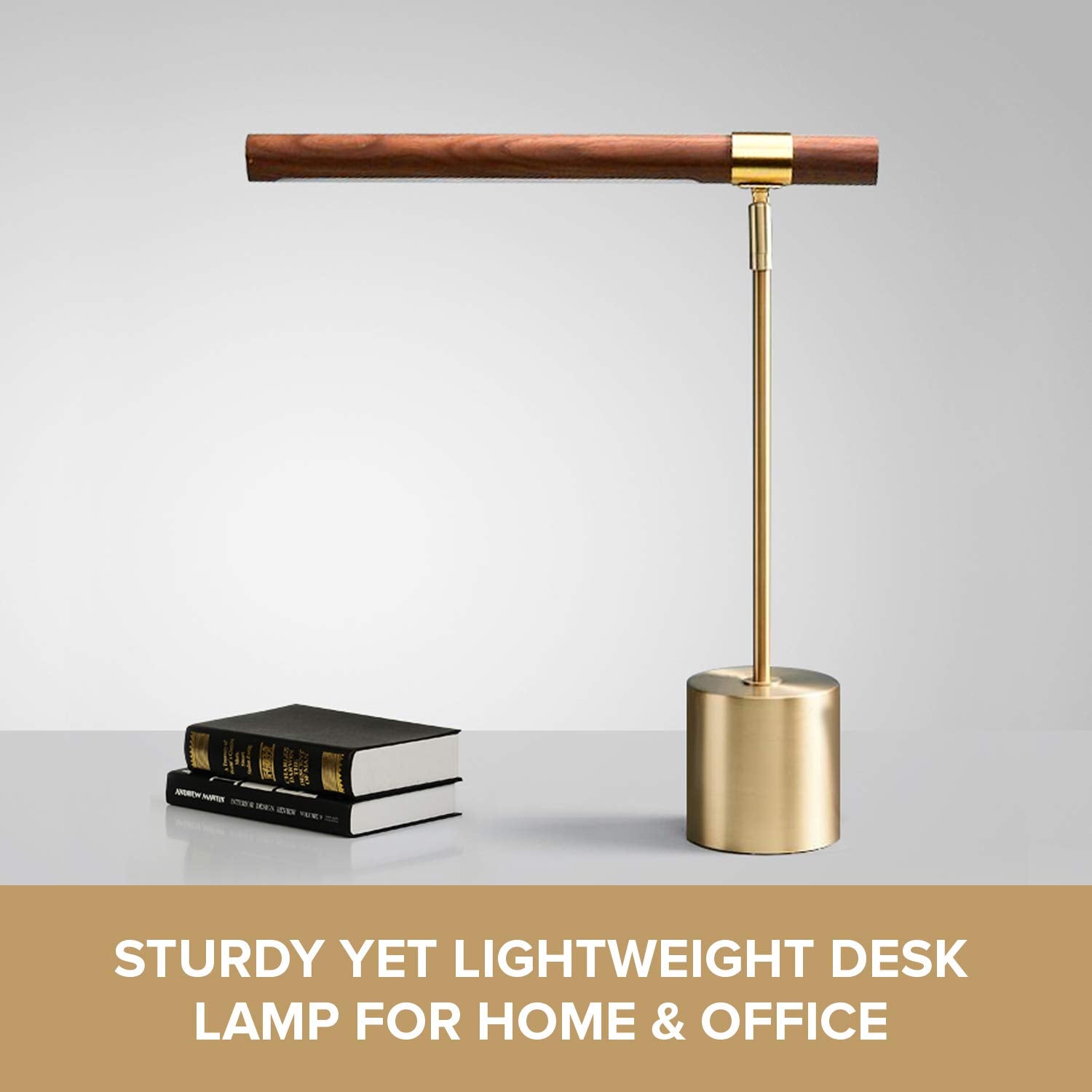 12Vmonster Modern Banker Slim Table Lamp - Led Desk Light - Wood Brass Lamp - Adjustable Table Lamp - Mid Century Desk Lamp For Home, Bedside, Office - Steampunk Mcm Mid Modern Century