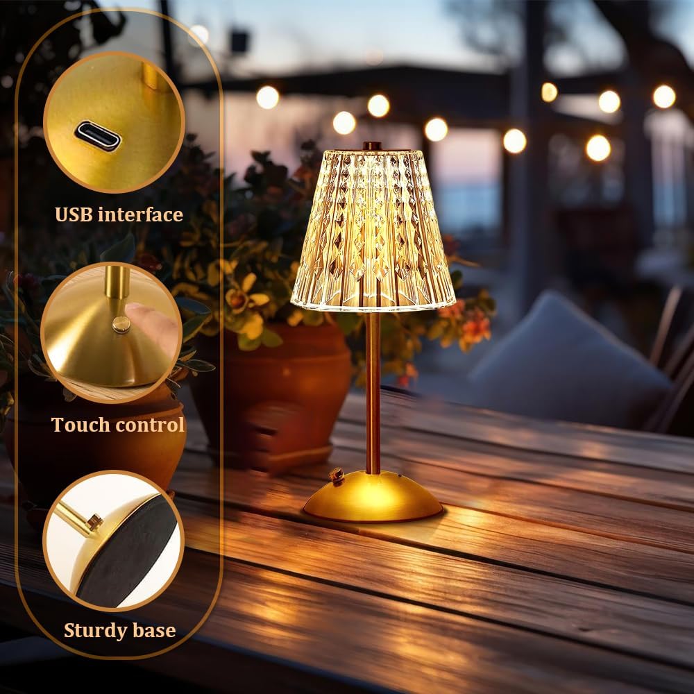 Hpufkot Portable Crystal Metal Desk Lamp,3-Color Touch Control, Rechargeable Battery - Ideal Bedside Lamp For Bedroom Nightstand (Metal Gold)