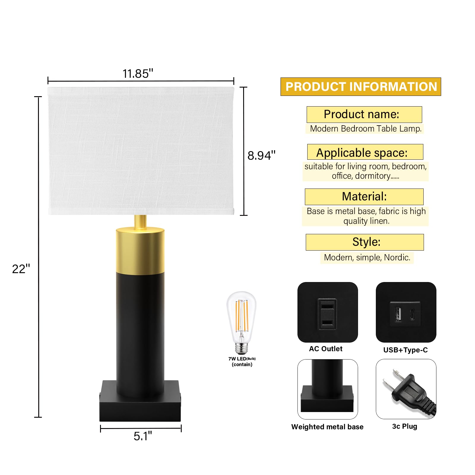 Oyedis Touch Table Lamp For Bedroom 3 Way Dimmable 22''Bedside Lamp With Usb A+C Nightstand Lamp For Living Room Office And Hotel Bulb Included