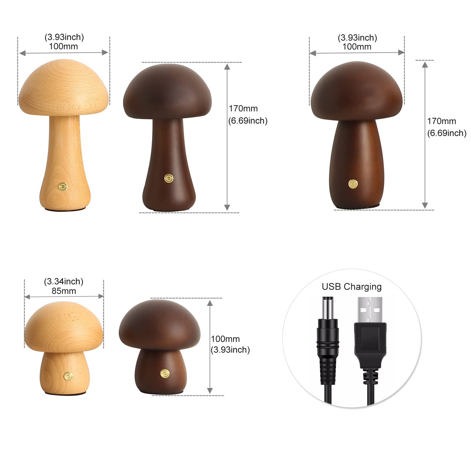 Mihoho Mushroom Lamp For Bedroom, Portable Dimmable Bedside Lamp With Usb Charging, Cordless Wooden Nightlight, Mushroom Table Lamp For Home Decor (Large, Beech A+)