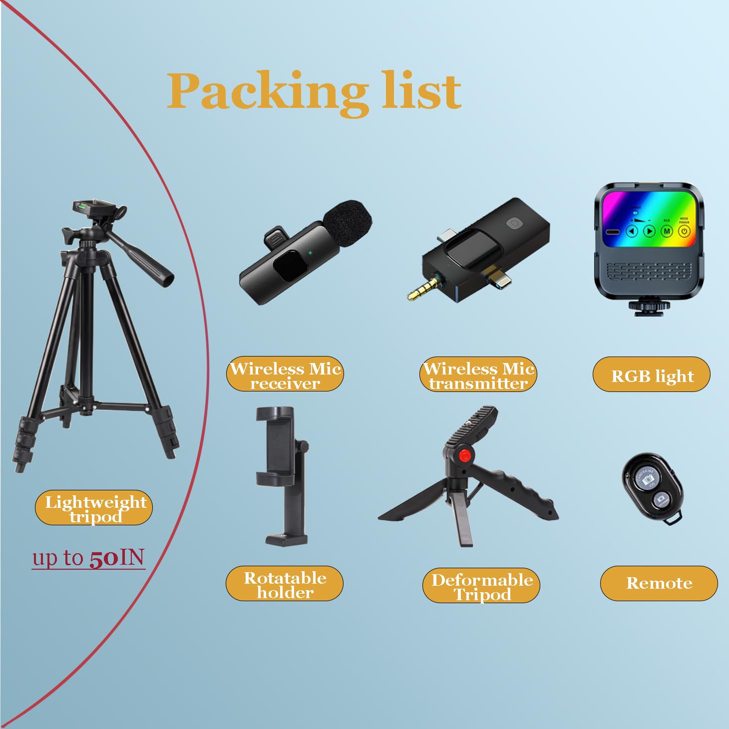 Litchitech Vlogging Kit For Iphone, Vlogging Kit For Andriod Phone, Content Creator Essentials W/Rotatableholder/Lavalier Mic/Rgb Light/Remote/Extendable Tripod (50In Tripod)