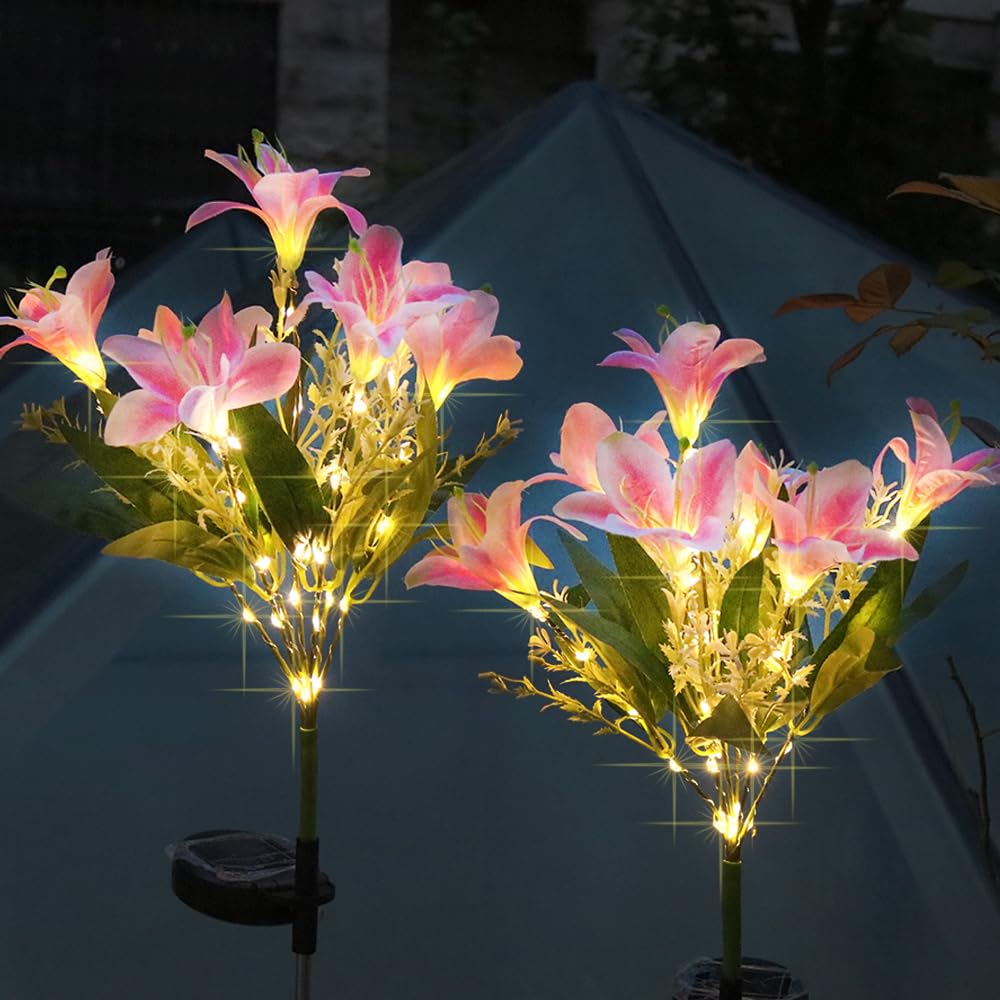 Guocheng Lily Flower Solar Lights Outdoor Garden, 2 Pack Led Solar Flower Lights With Lifelike Lily, Waterproof Solar Stake Lily Lights For Courtyard Pathway Flowerbed Lawn Decor(Pink)
