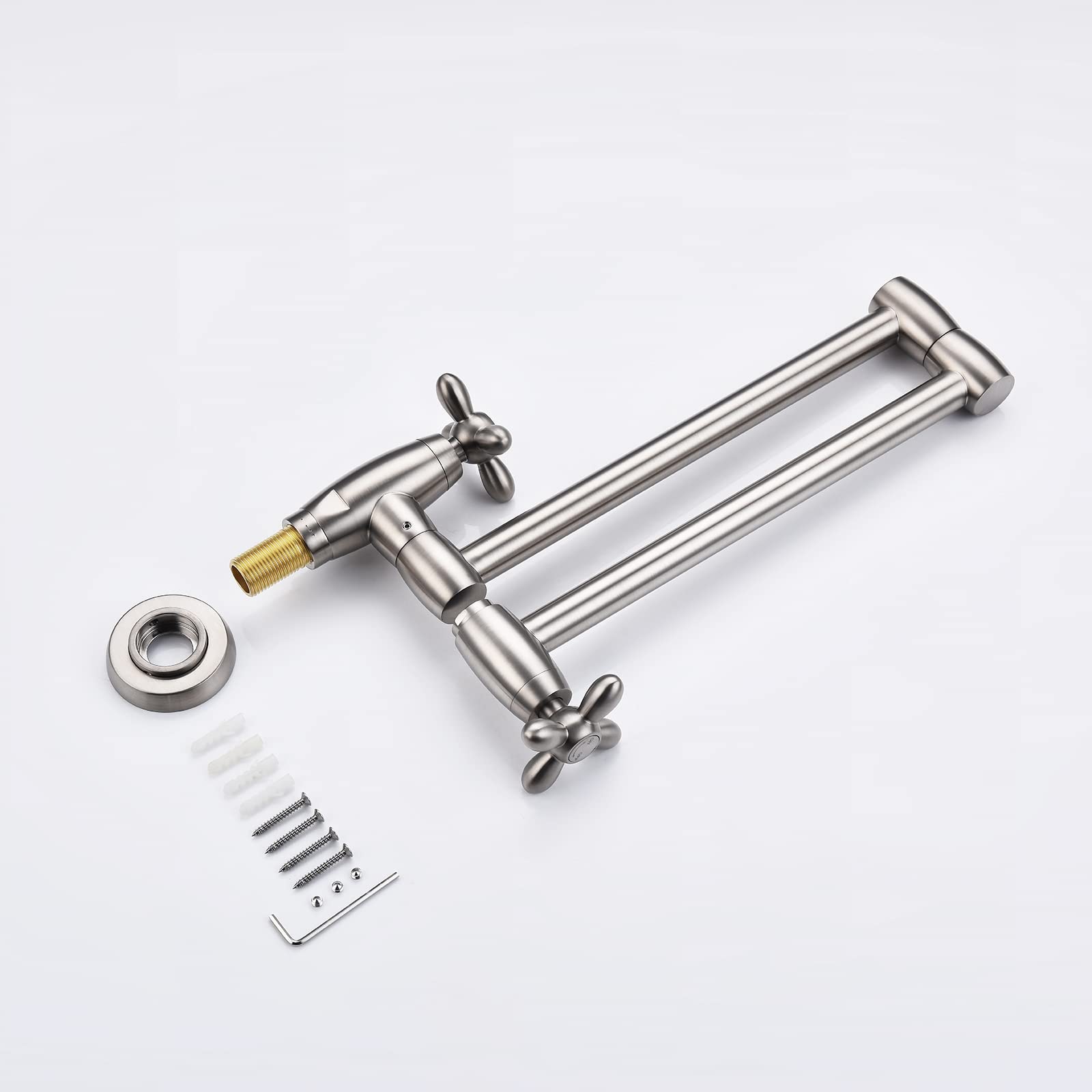 Kruzoo Pot Filler Brushed Nickel Kitchen Faucet Solid Brass Folding Wall Mount Stretchable Double Joint Swing Arm Single Hole 2 Handles Extending Arm，Pf02Bn