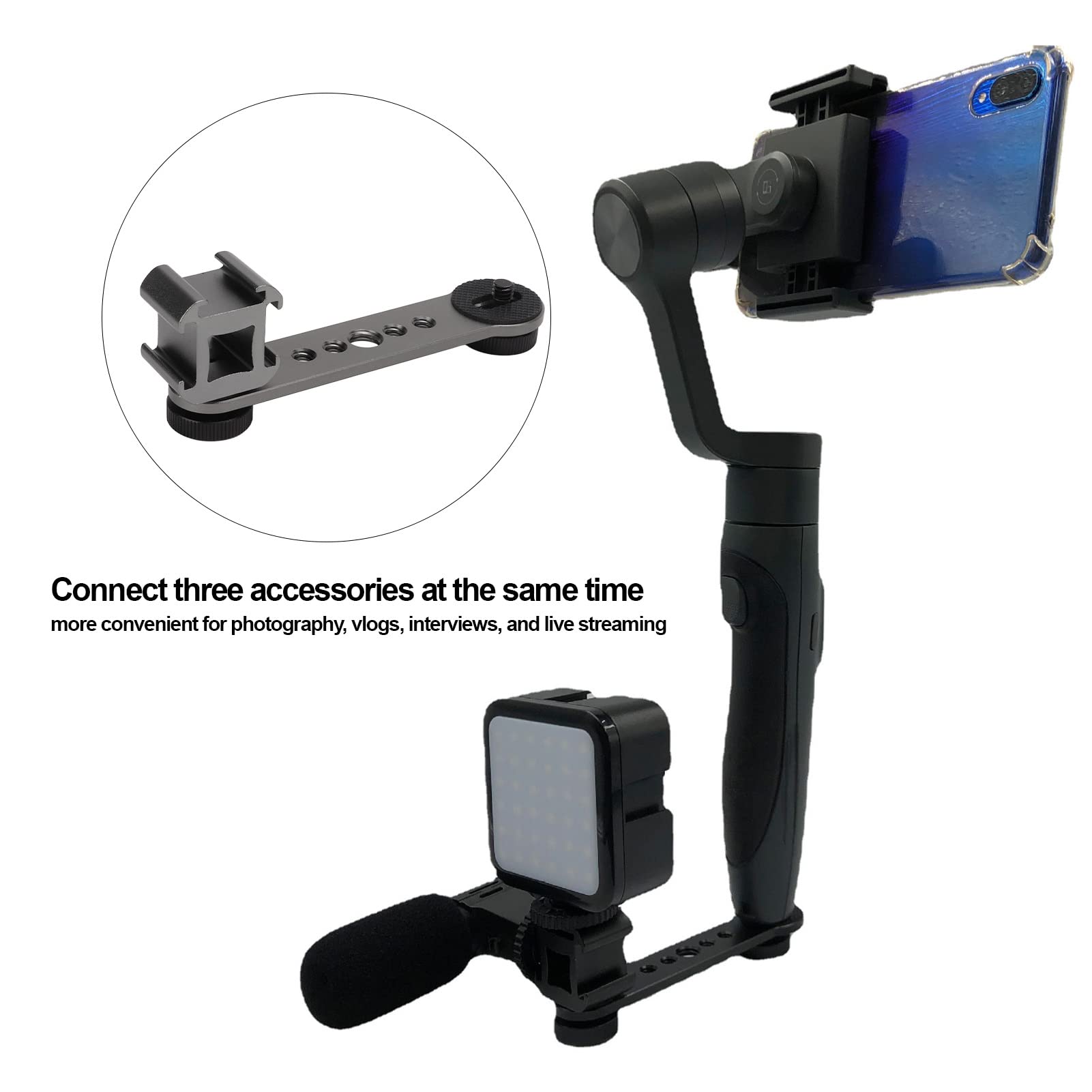 Hilitand Triple Cold Shoe Mount, Gimbal Microphone Light Extension Bar Bracket Aluminium Alloy With 1/4In And 3/8In Screw Holes For Dji Om 3/2, For Zhiyun Smooth 4, For Feiyu Gimbal Stabilizer(Dark Gray)