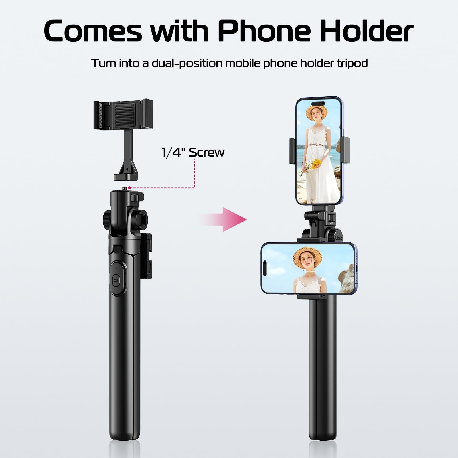 Ulanzi Mt-70 Extendable Phone Tripod, 63"" Selfie Stick Phone Vlog Tripod Stand With 2 Phone Clip, 360° Rotate Dual Camera Tripod For Iphone Sony Canon Gopro, Lightweight For Travel, Black