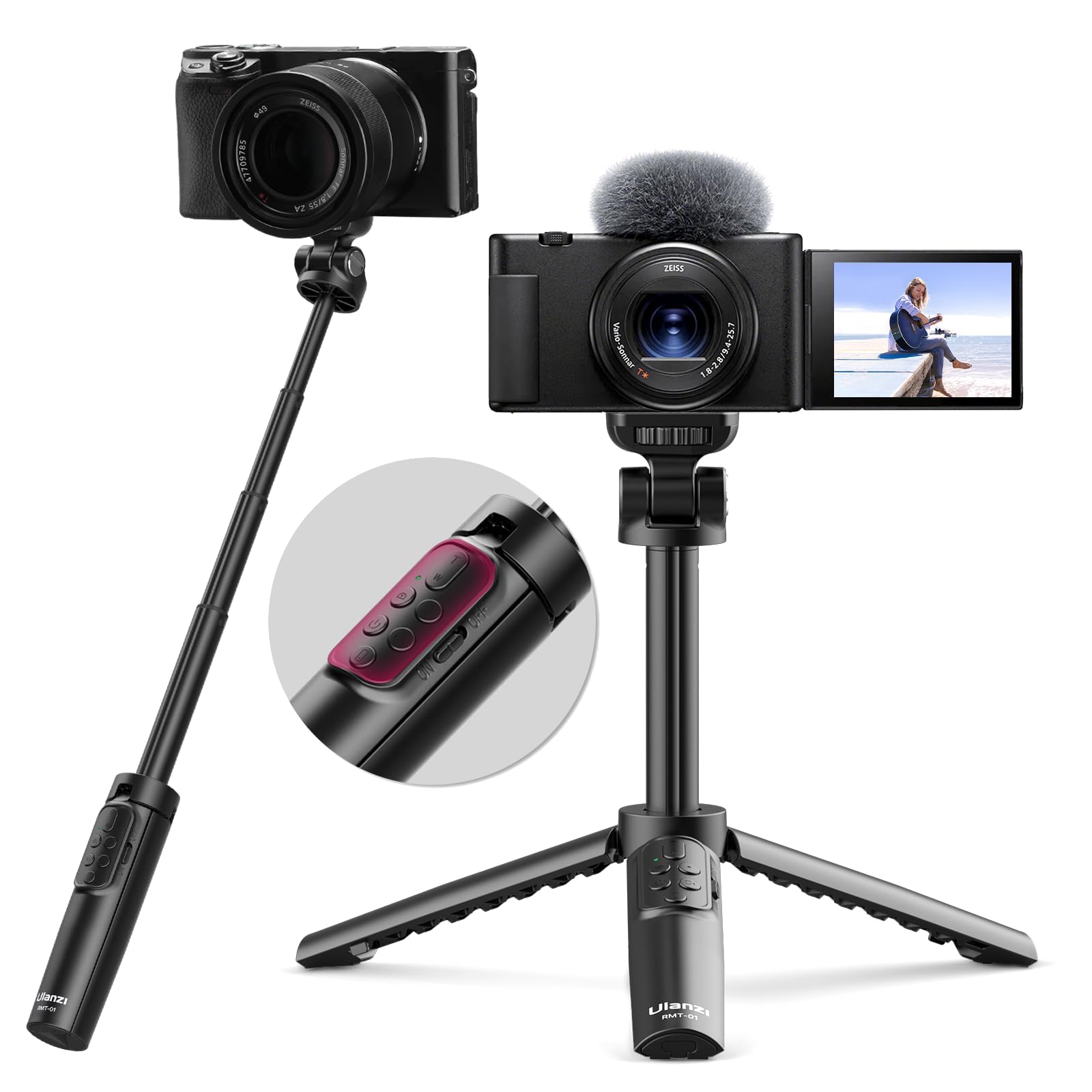 Ulanzi Rmt-01 Wireless Shooting Grip & Tripod For Sony, Canon, Nikon & Other Vlog Cameras Or Smartphones, Selfie Video Recording Vlogging Accessories Portable Hand Size For Content Creators & Vloggers