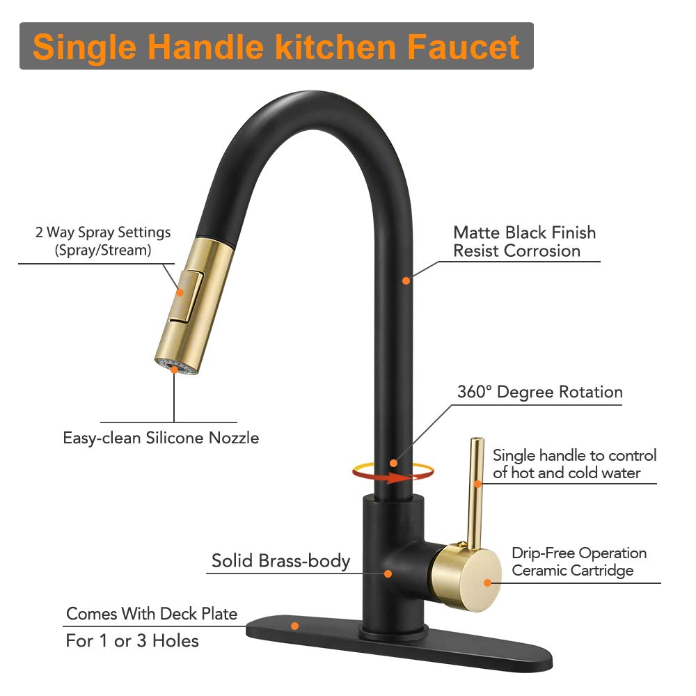 Hoimpro High-Arc Single Handle Kitchen Sink Faucet With Pull Out Sprayer, Modern Rv Kitchen Faucet With Pull Down Sprayer, Touch Water Faucet, Brass/Matte Black & Gold(1 Or 3 Hole)