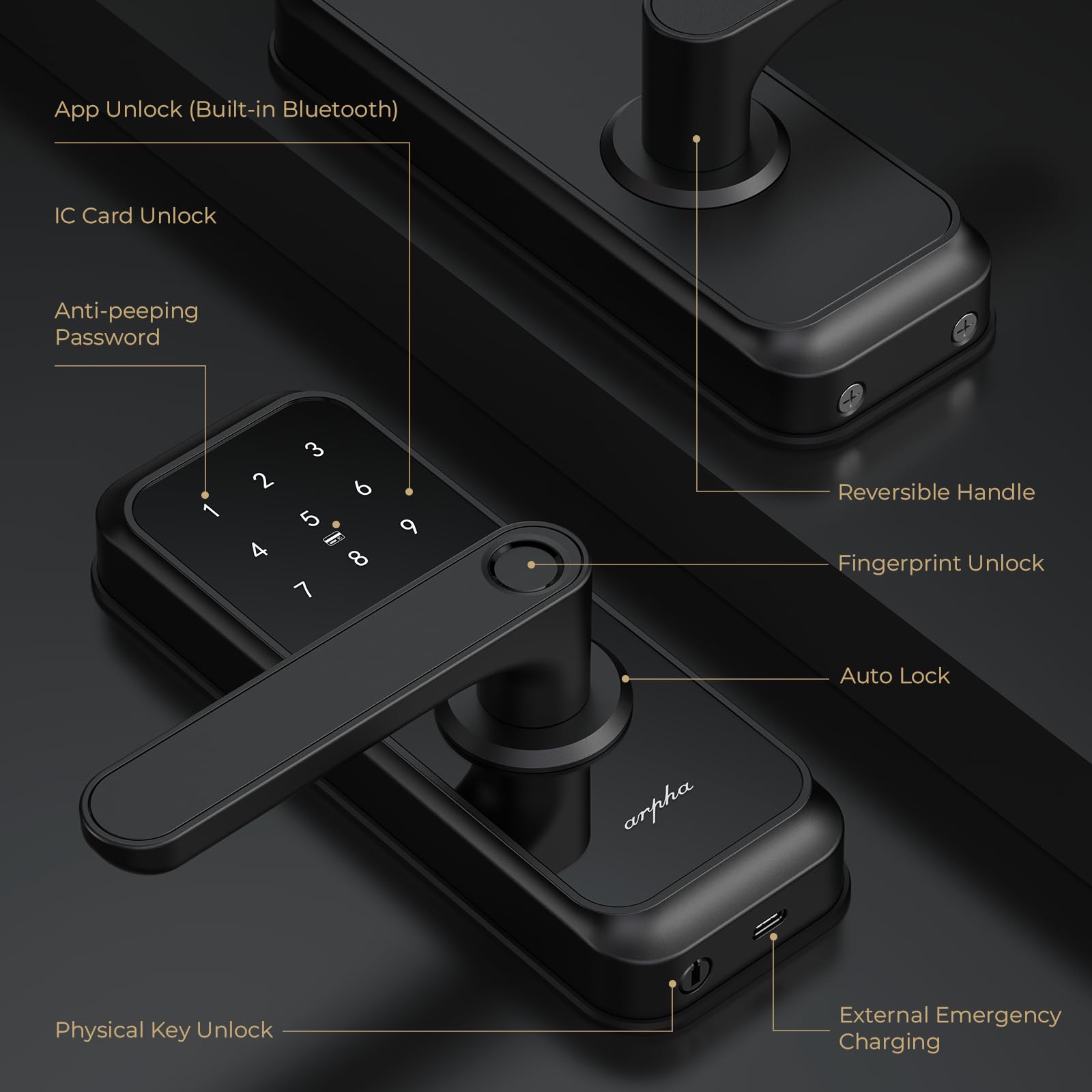 Arpha Smart Door Lock With Handle - 5-In-1 Fingerprint Keyless Entry, App Control, Keypad Deadbolt, Fob & Auto-Lock, Anti-Peep, Waterproof Ip65 For Front Door Security (Black)
