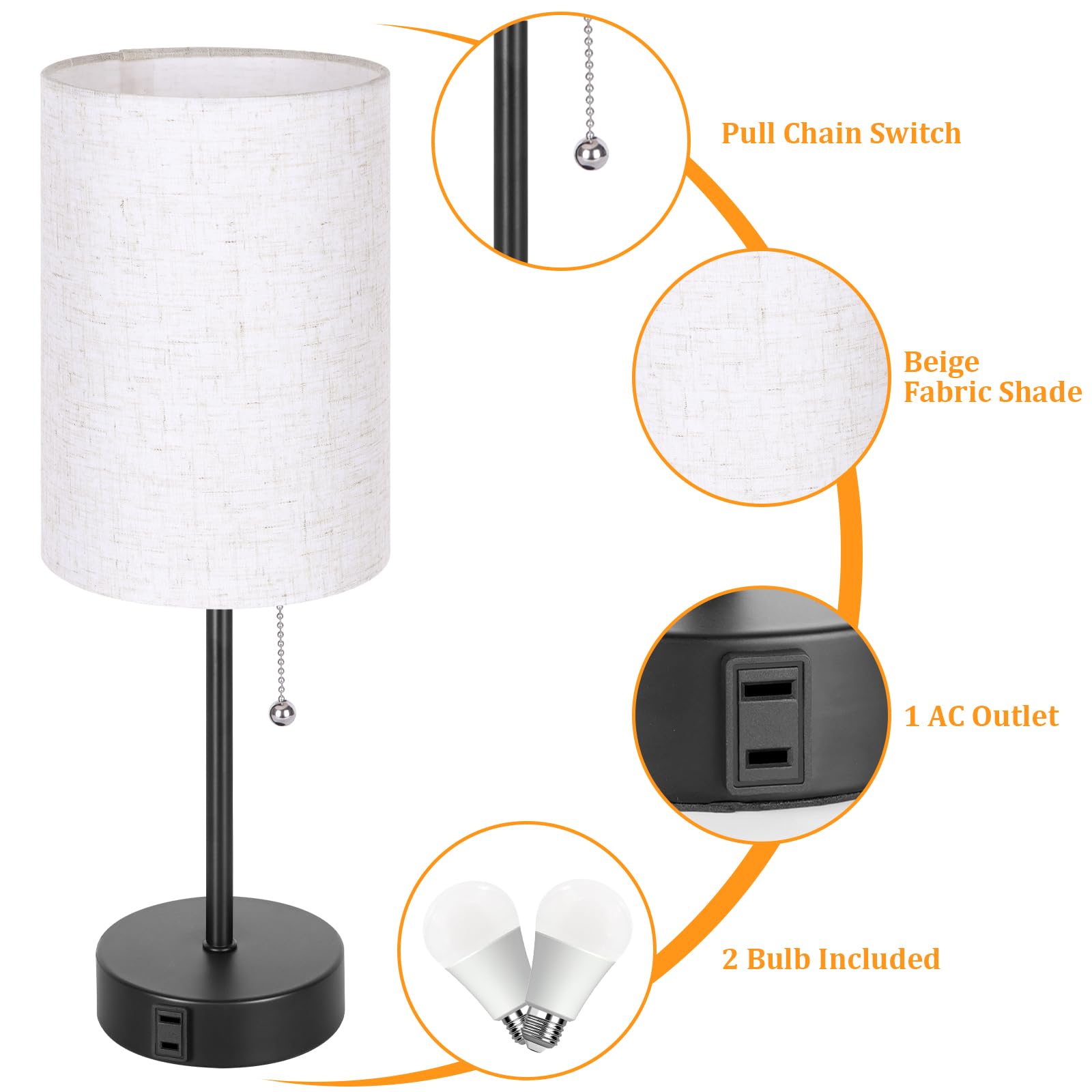 Dott Arts Bedside Lamps For Bedrooms Set Of 2, Table Lamps For Nightstand With 3 Color Modes 2700K-5000K, Ac Outlet, Nightstand Lamp Night Lamp For Living Room/Reading Room