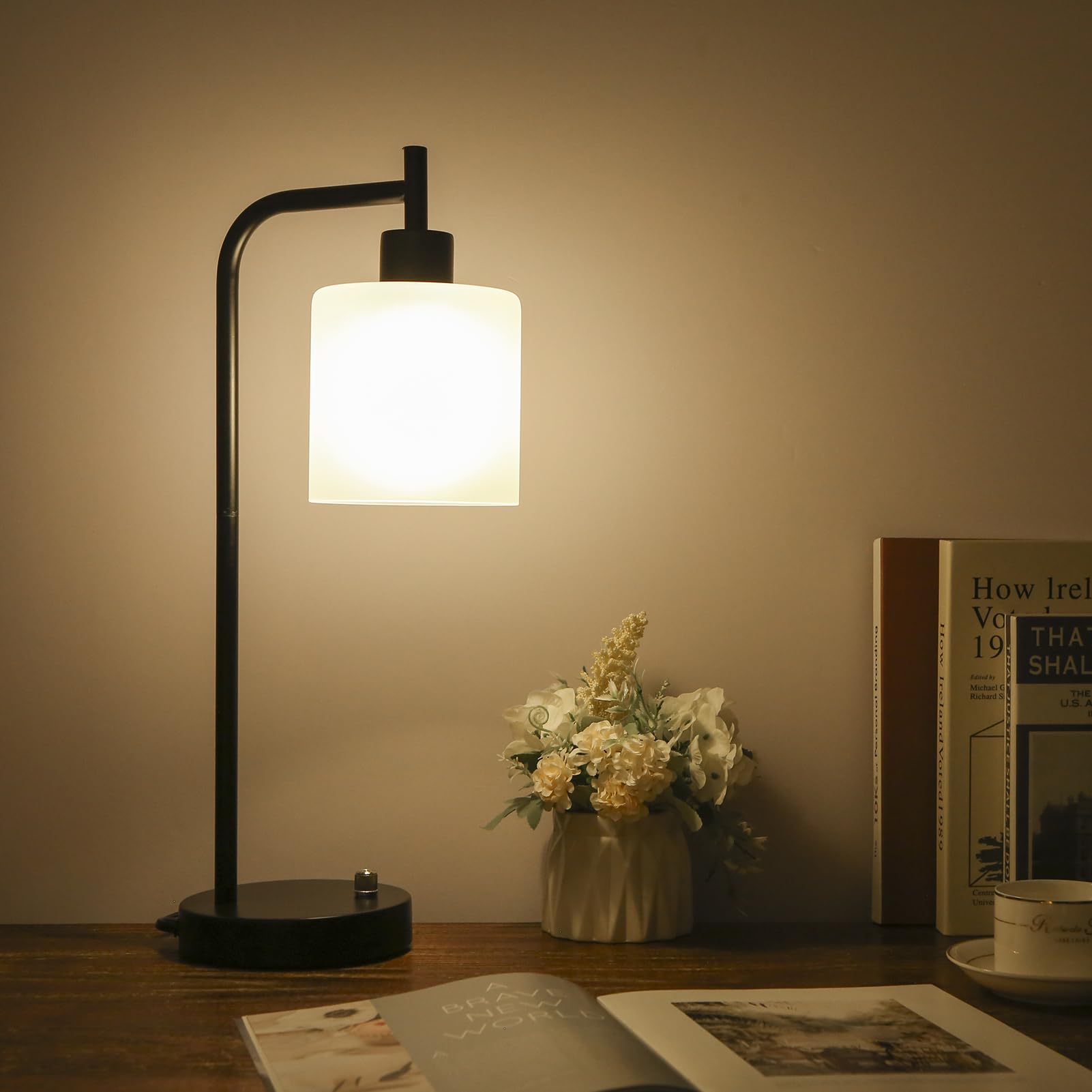 Topyond Modern Table Lamp, Dimmable Touch Control Black Bedside Lamp With 2 Usb Ports, Ac Socket, Round Shade For Bedroom, Living Room And Home Office Use