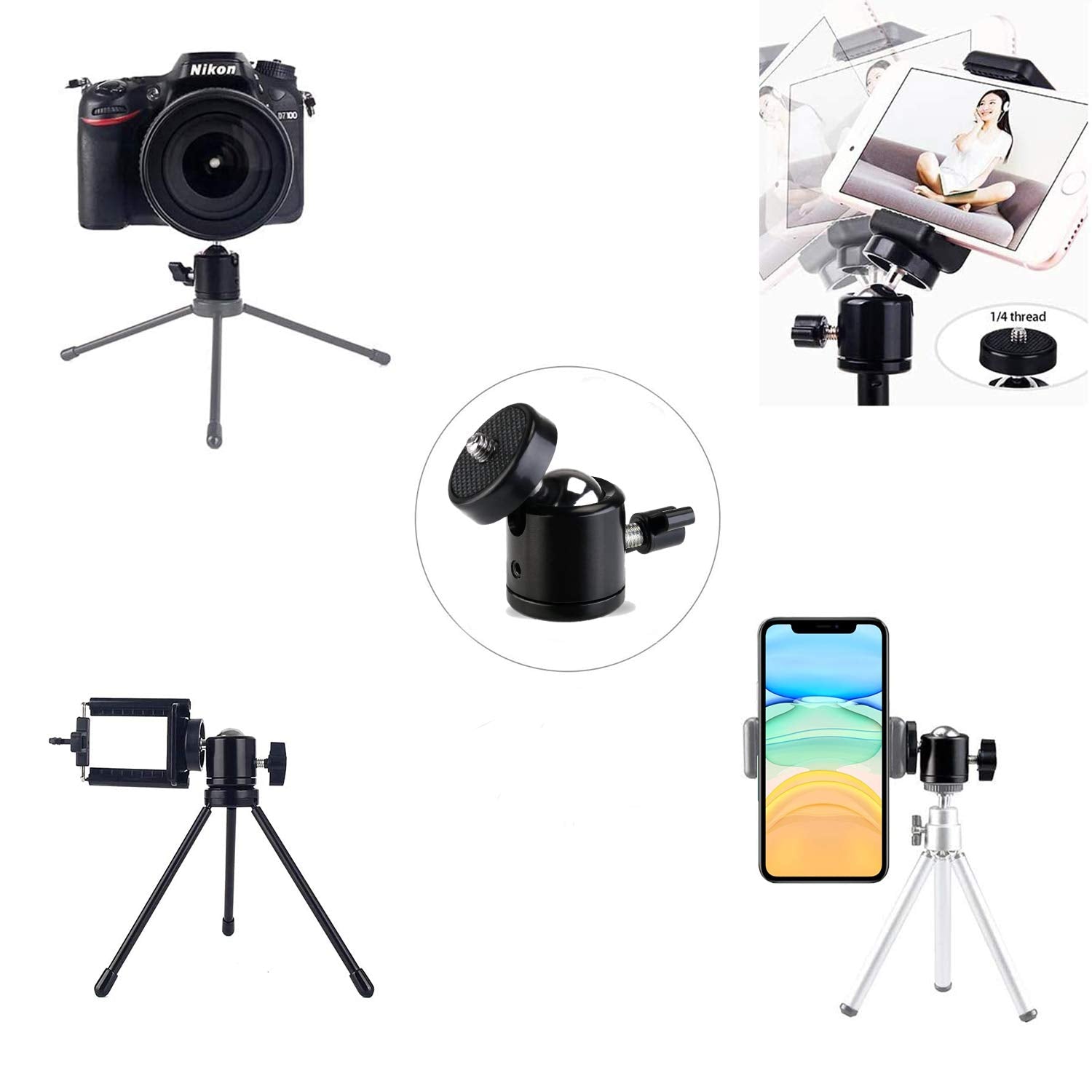 Eszkozta Universal 1/4" Swivel Mini Ball Head Screw Tripod Mount（2 Pack）, Eszkozta360 Degree Rotating Mount Base Adapter For Dslr Cameras Htc Vive Tripods Monopods Camcorder Light Stand…