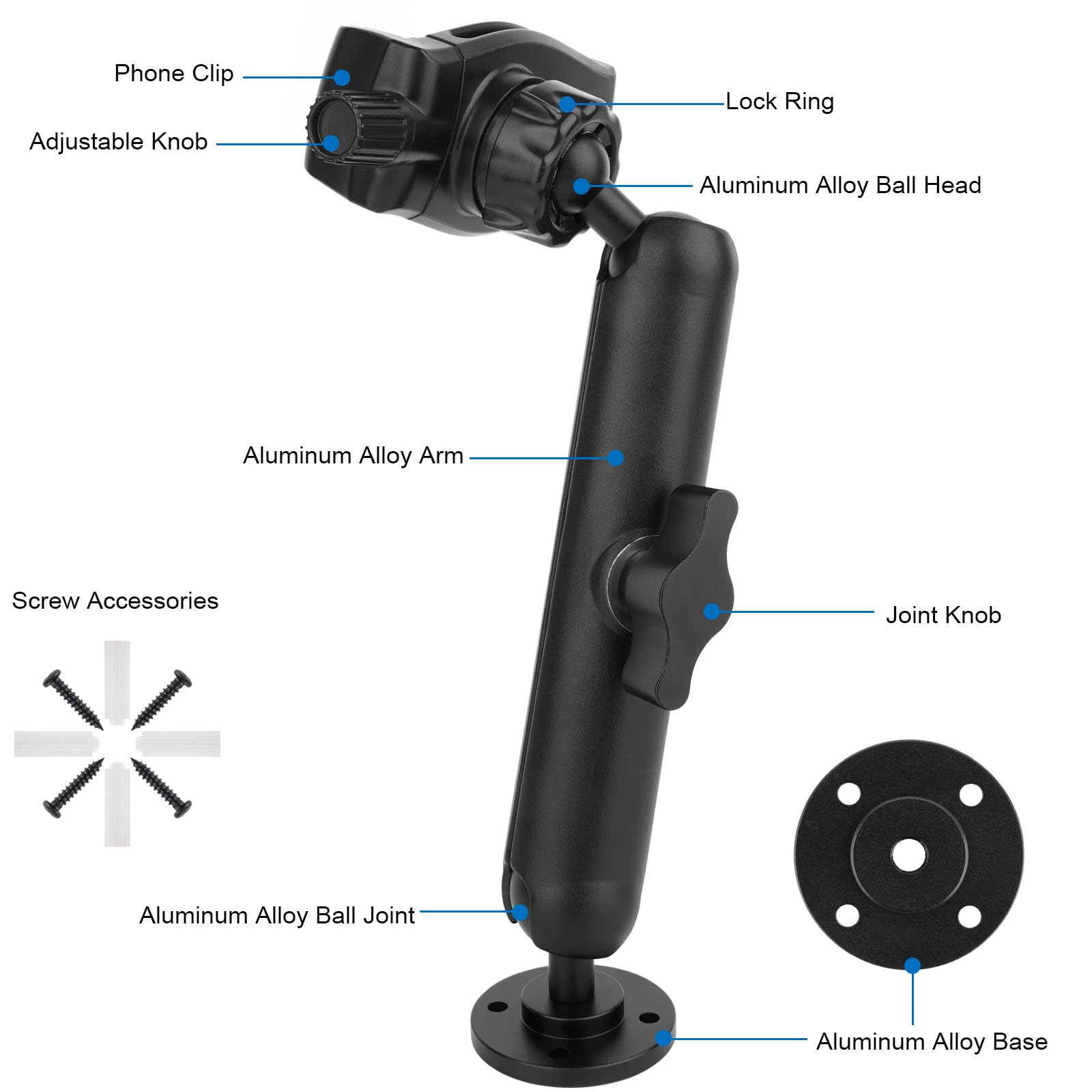 Mippko Wall Mount Phone Holder For Truck/Car/Boat/Wall/Desk,Compatible With 3.57.5 Inch Iphone/Nexus/Htc/Lg/Huawei/Smart Phones,360°Adjustment Aluminium Alloy Arm Drilling Base Mount