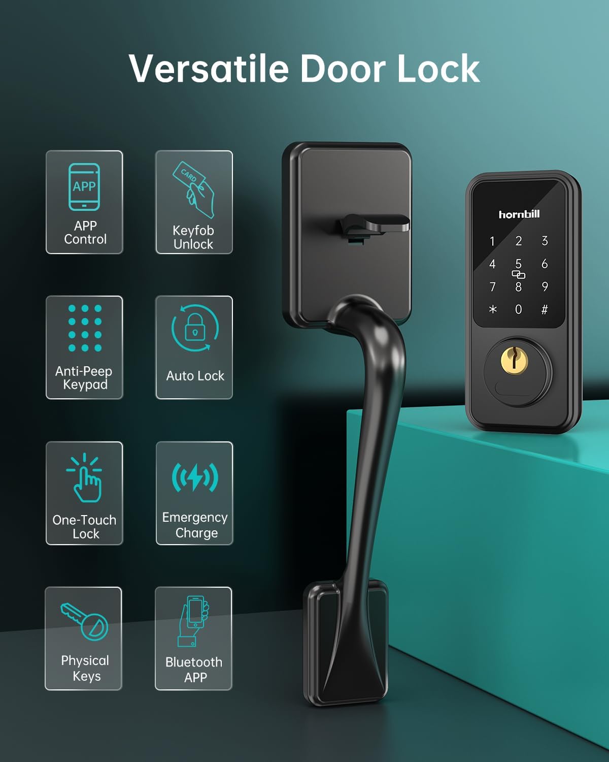 Hornbill Keyless Entry Door Lock With Handle, Smart Front Door Lock Set, Electronic Keypad Deadbolt Lock, Alexa Front Door Handle Set, Digital Lock Via Bluetooth App/Keyfob/Auto Lock-Matte Black
