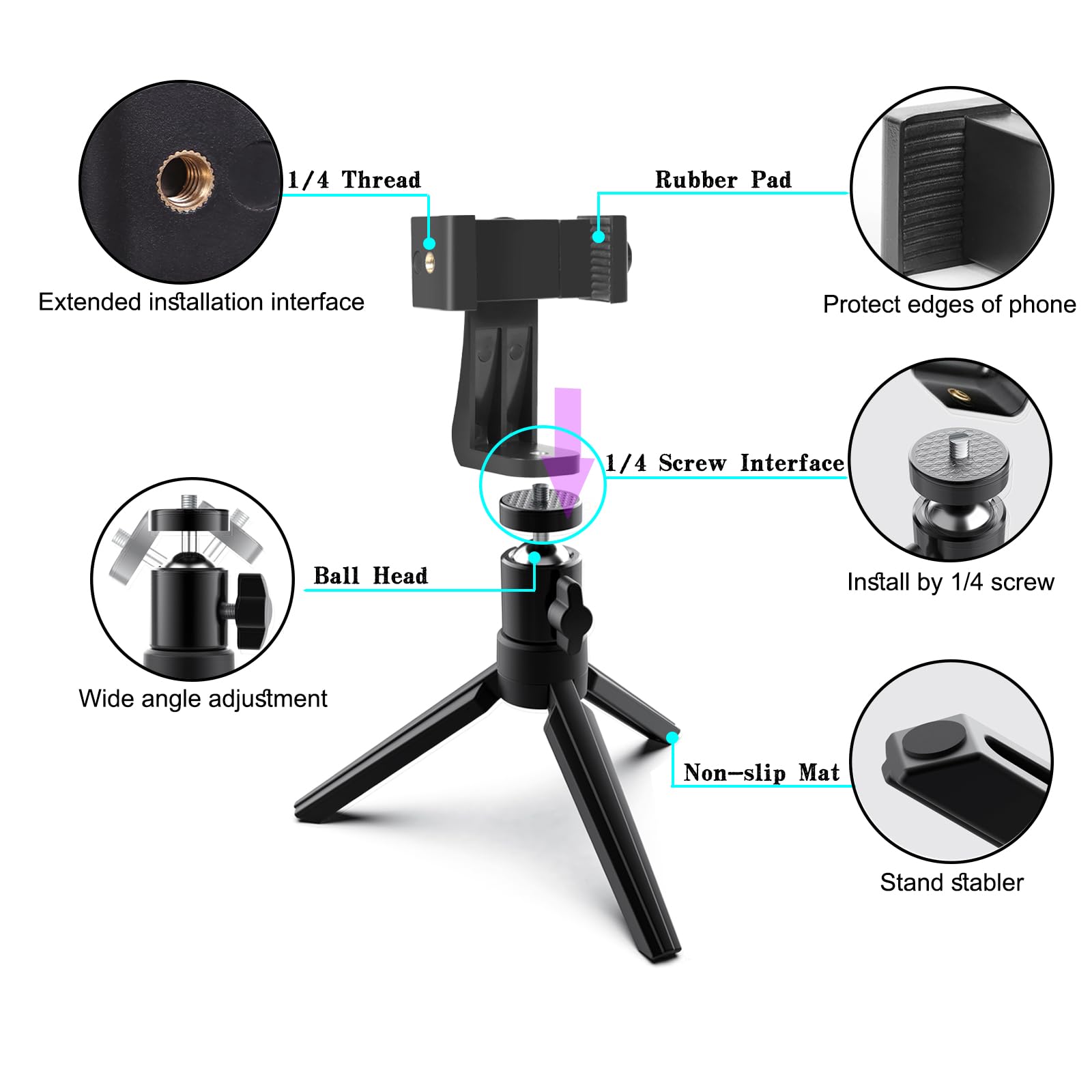 Didbynm Small Phone Tripod,Desktop Iphone Tripod With Cell Phone Clip,Stable-Non-Slip,360°& Width Adjustable Compatible With Iphone/Android/Camera For Record/Vlog