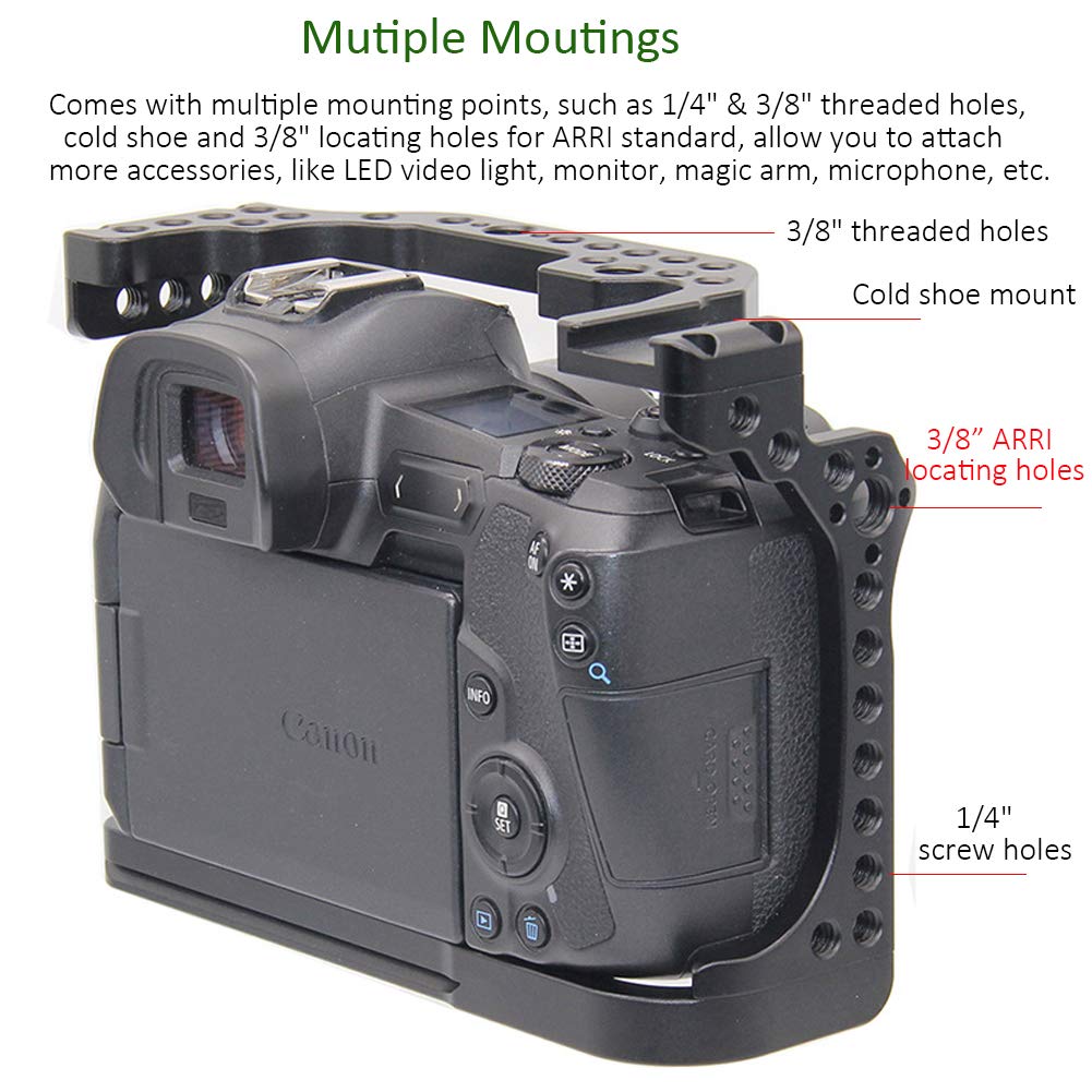 Easy Hood Camera Cage For Canon Eos R, Camera Video Film Movie Making Rig Stabilizer With Cold Shoe Mount And 3/8 1/4 Inch Thread Hole For Magic Arm Microphone Video Light Monitor