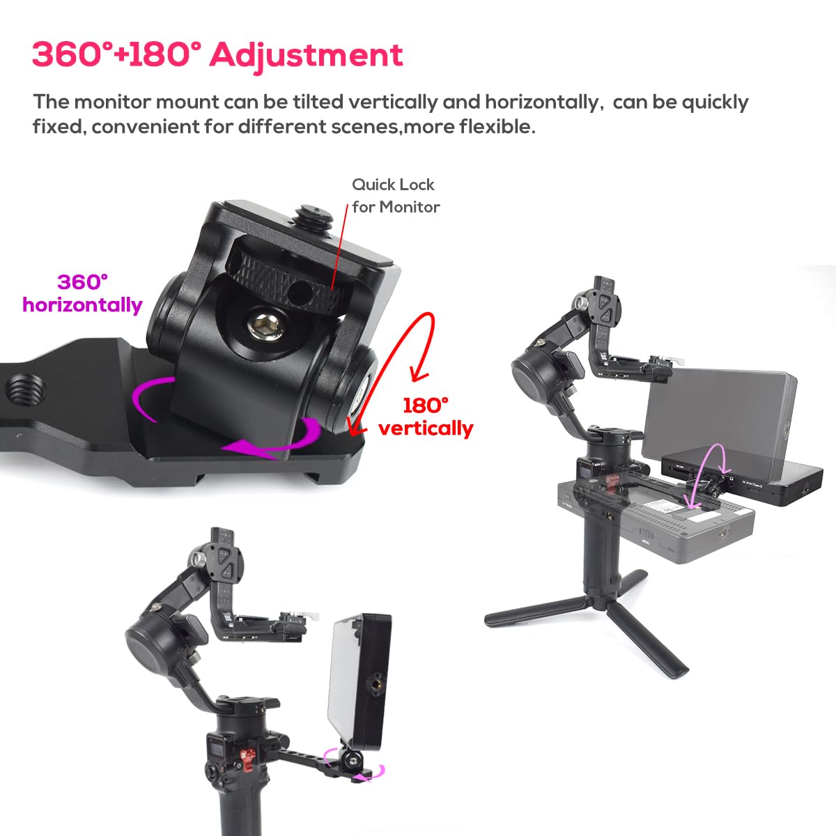 Eaxanpic Adjustable Gimbal Monitor Mount Phone Mount With Quick Release Nato Clamp Cold Shoe Mount For Dji Ronin Rs 4 / Rs 4 Pro/Rs 3 / Rs 3 Pro/Rs 3 Mini/Rs 2 / Rsc 2 Stabilizers (Dark Red)