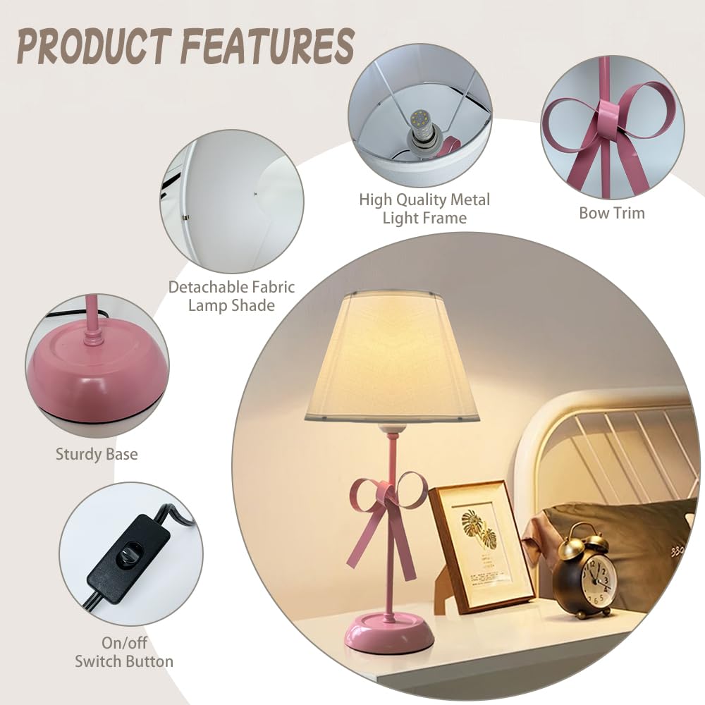 Oroilupu Pink Bow Lamp For Girls Room, Small Single Princess Desk Lamp Modern Decorative Boho Living Room Kids Reading Room Bedside End Table Cute Coquette Table Lamp With Fabric Shade Bedroom