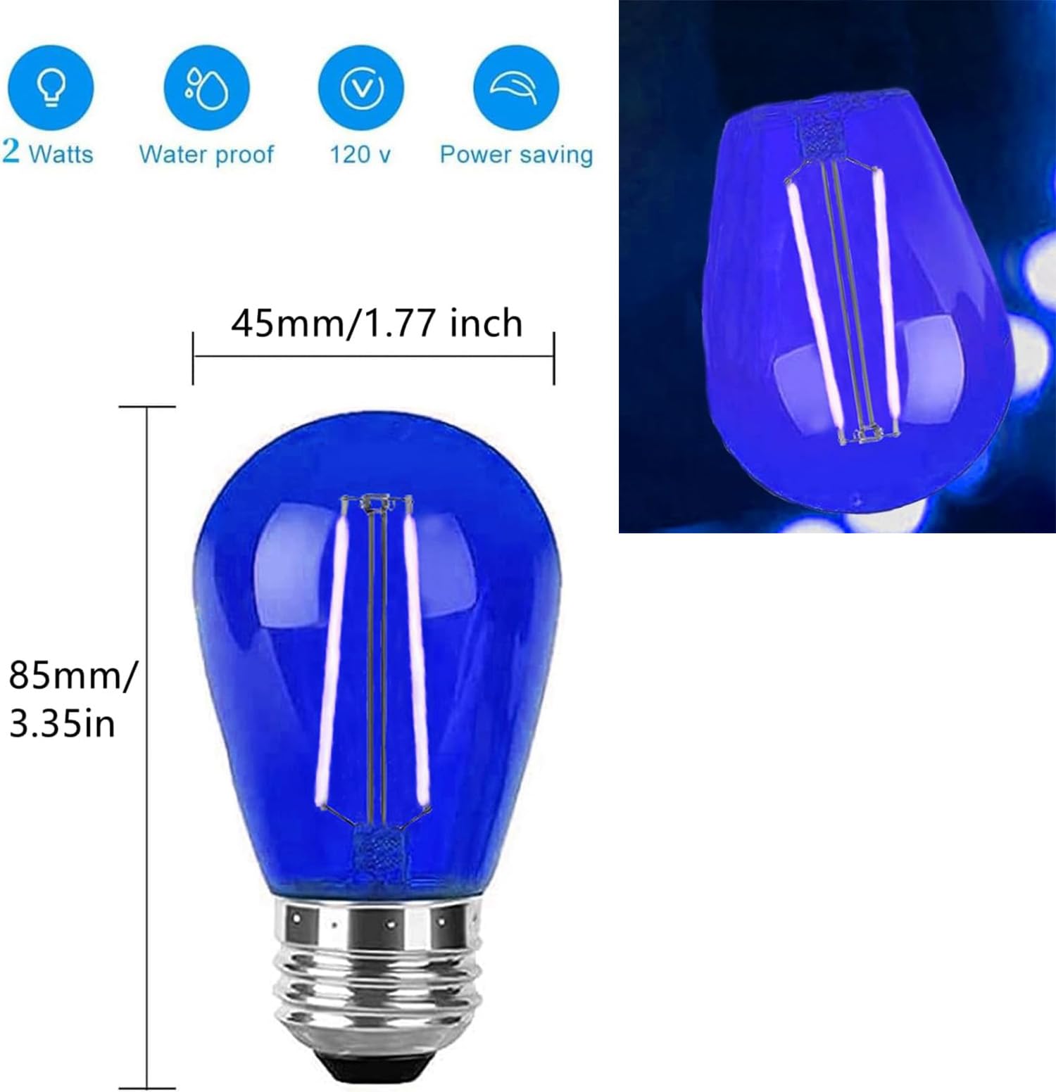 Minsily Sxminer 15 Pack S14 Led Bulbs Blue 2W Plastic Shatterproof Led Replacement Bulbs For Outdoor String Light Led Edison Bulbs E26 Base Decorative Bulbs For Christmas Wedding Party Home Patio Decor(Blue)