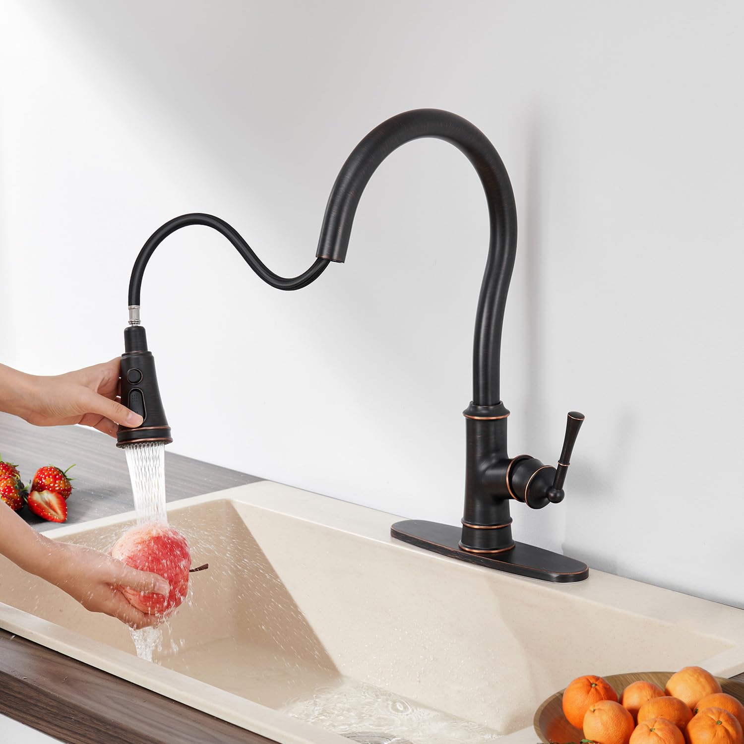 Winkear Kitchen Faucets With Pull Down Sprayer, Oil Rubber Brown Kitchen Sink Faucet Brass High Arc Single Handle Single Hole Kitchen Faucet Vintage With Deck Plate For Farmhouse Camper Laundry Rv Bar