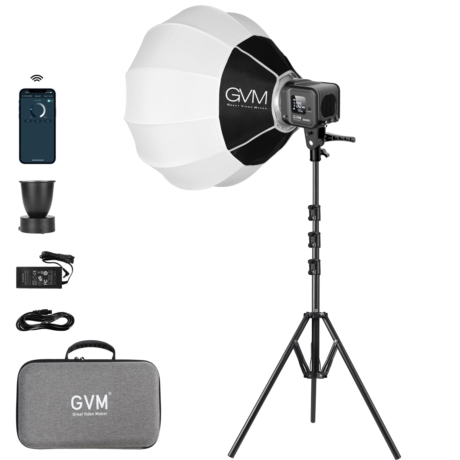 Gvm 80W Sd80S Led Video Light With Lantern Softbox And Tripod Stand Kit, 5600K Daylight Bowens Mount Studio Light, Cob Continuous Output Lighting For Video Recording, App Control, 12 Scenes, Cri97+