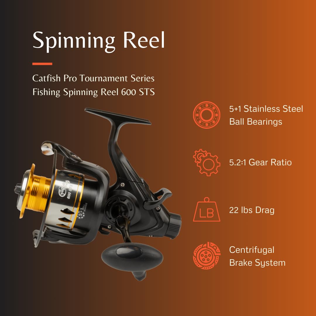 Catfish Pro Tournament Series Spinning Reel 600 Sts - Pro-Grade Performance, 5.2:1 Gear, 22Lb Drag, Front/Rear Drag, Live Liner, Aluminum Spool, Precision Brass Gears For Ultimate Angling Success
