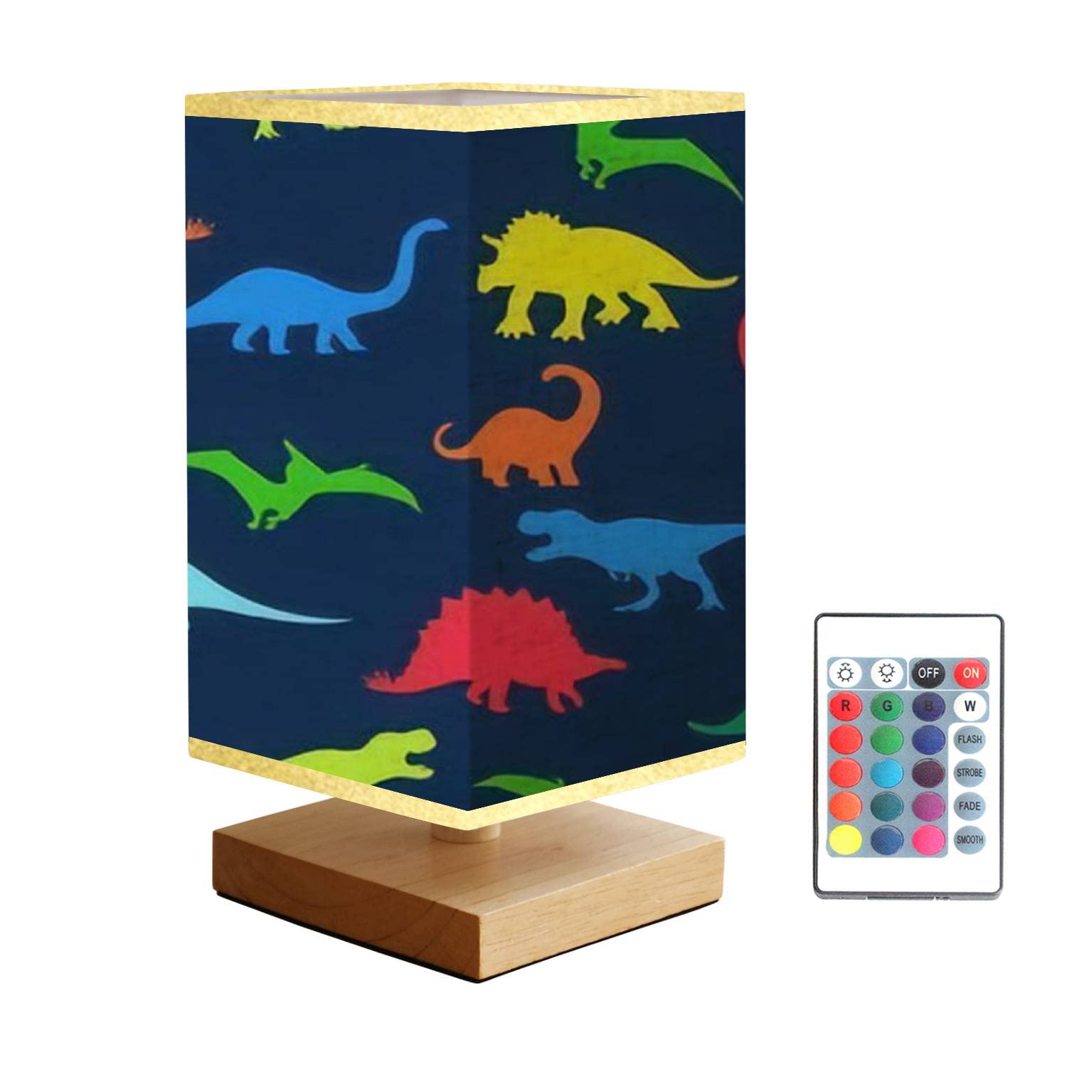 Svjklajfpi Square Bedside Table Lamp Seamless Repeat With Colorful Neon Dinosaur Silhouettes On A Navy Blue Wooden Base Flaxen Fabric Shade Dimmable Nightstand Desk For Bedroom Living Room5.5X10Inch