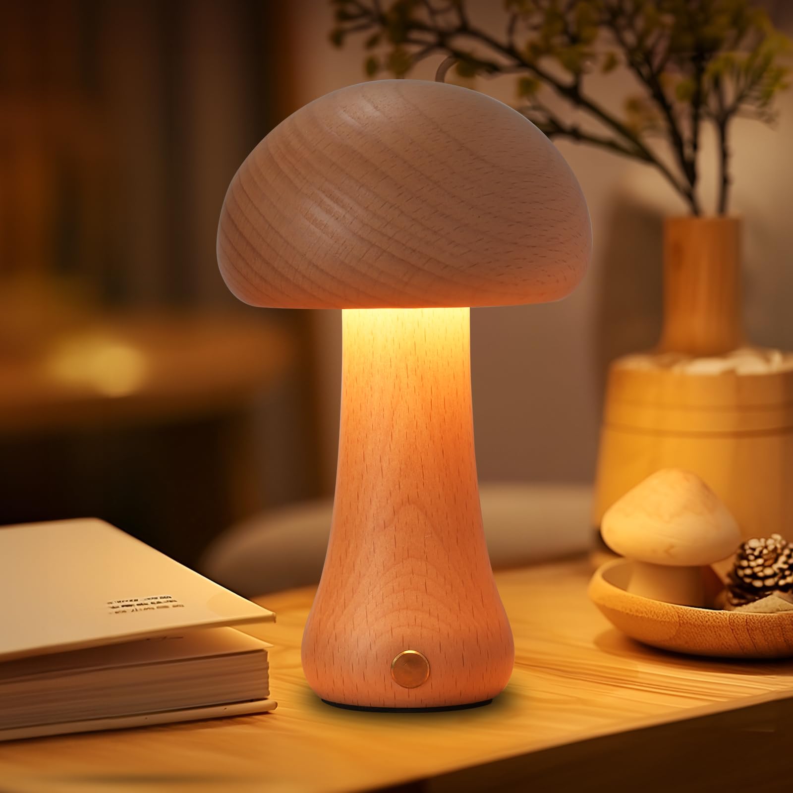 Lonrisway Small Wood Mushroom Lamp, Led Cordless Bedside Touch, Portable Dimmable Battery Mushroom Lamp For Bedroom Nightstand