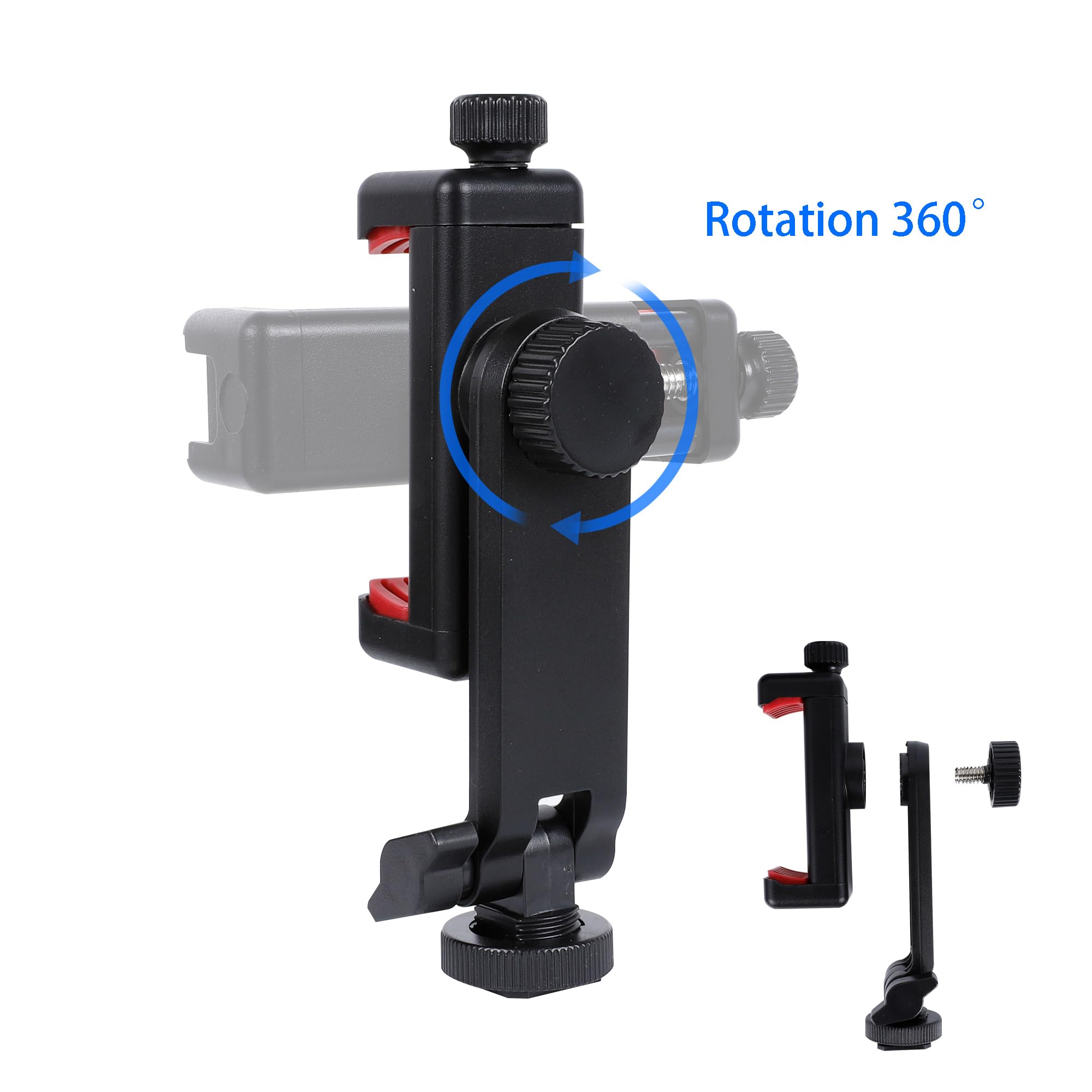 Leenconghui Phone Tripod Mount Adapter, With Cold Shoe&1/4" Hole For Tripod/Selfie Stick/Camera Stand, 360° Rotates Adjustable Phone Clip Clamp Holder For Iphone/Samsung/All