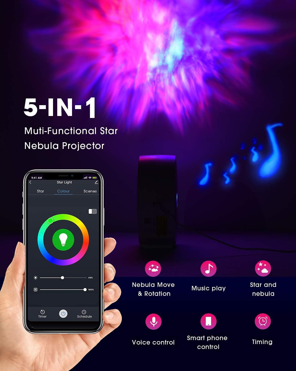 Voion Smart Galaxy Star Projector, Led Nebula Ceiling Night Light With App & Voice Control, Perfect For Gaming Rooms, Bedrooms, Home Theater, And Camp Tent, Stunning Starry Sky Effect (White)